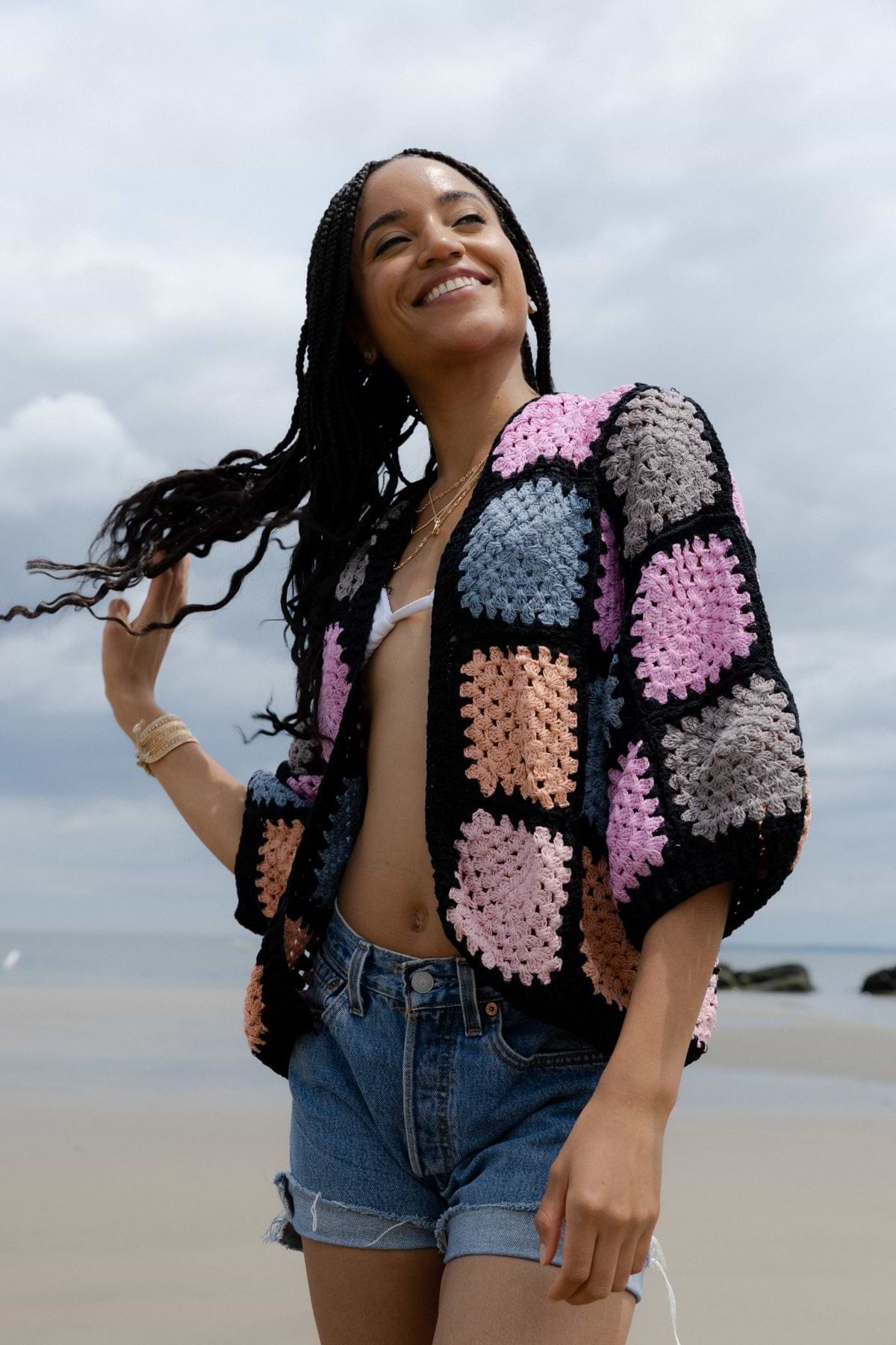 Crochet Pastel Squared Short Jacket - Black