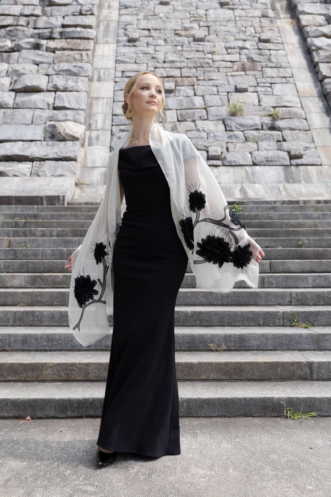 Embellished Palm Leaf Scarf Ivory