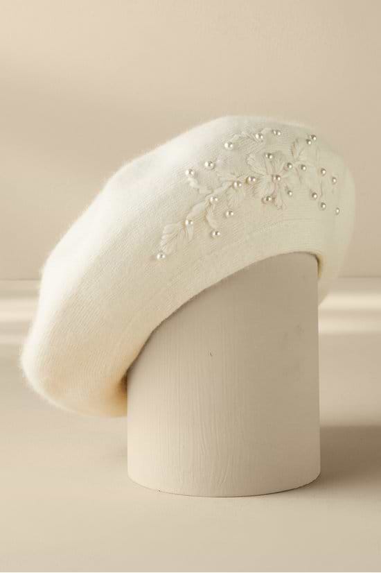 Pearl Embellished Floral Beret - Ivory