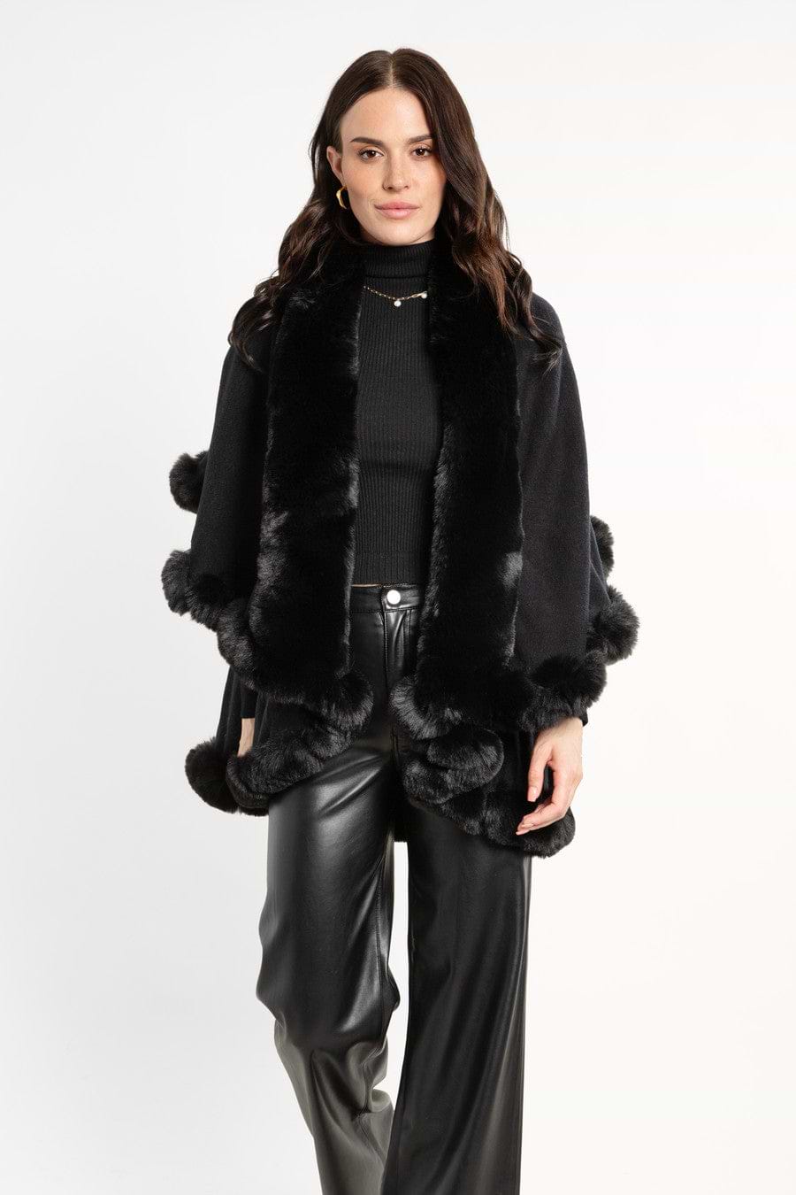 Layered Kimono Faux Fur Cape - Black