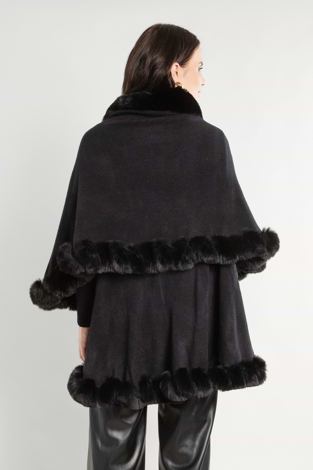 Layered Kimono Faux Fur Cape - Black