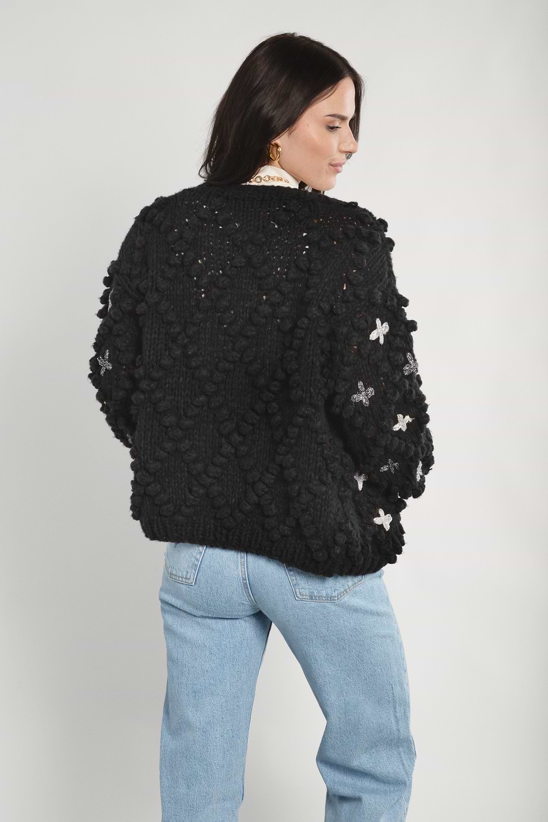 Knitted Cardigan Cross Pom Pom - Black