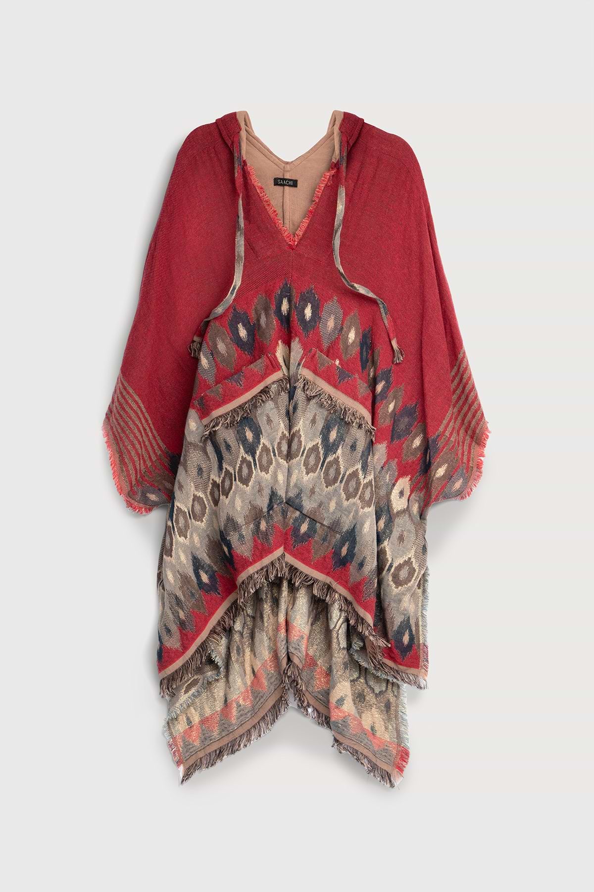 Aztec Frayed Hooded Poncho - Firebrick