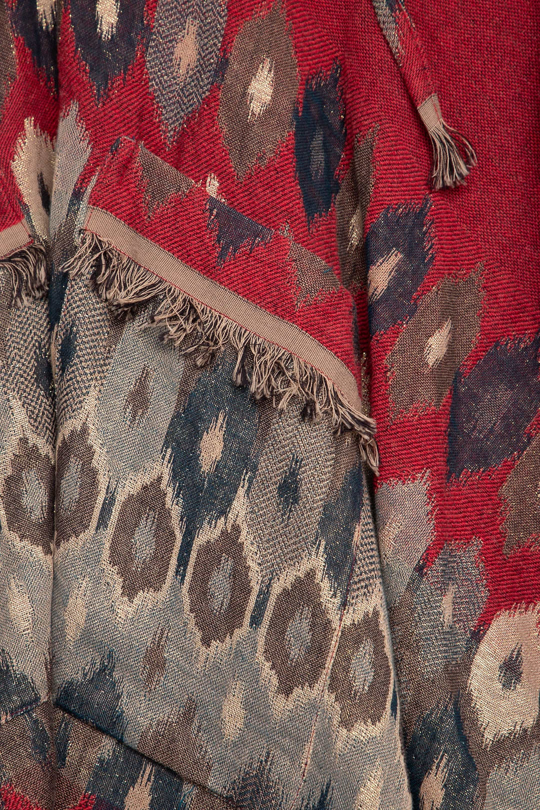 Aztec Frayed Hooded Poncho - Firebrick