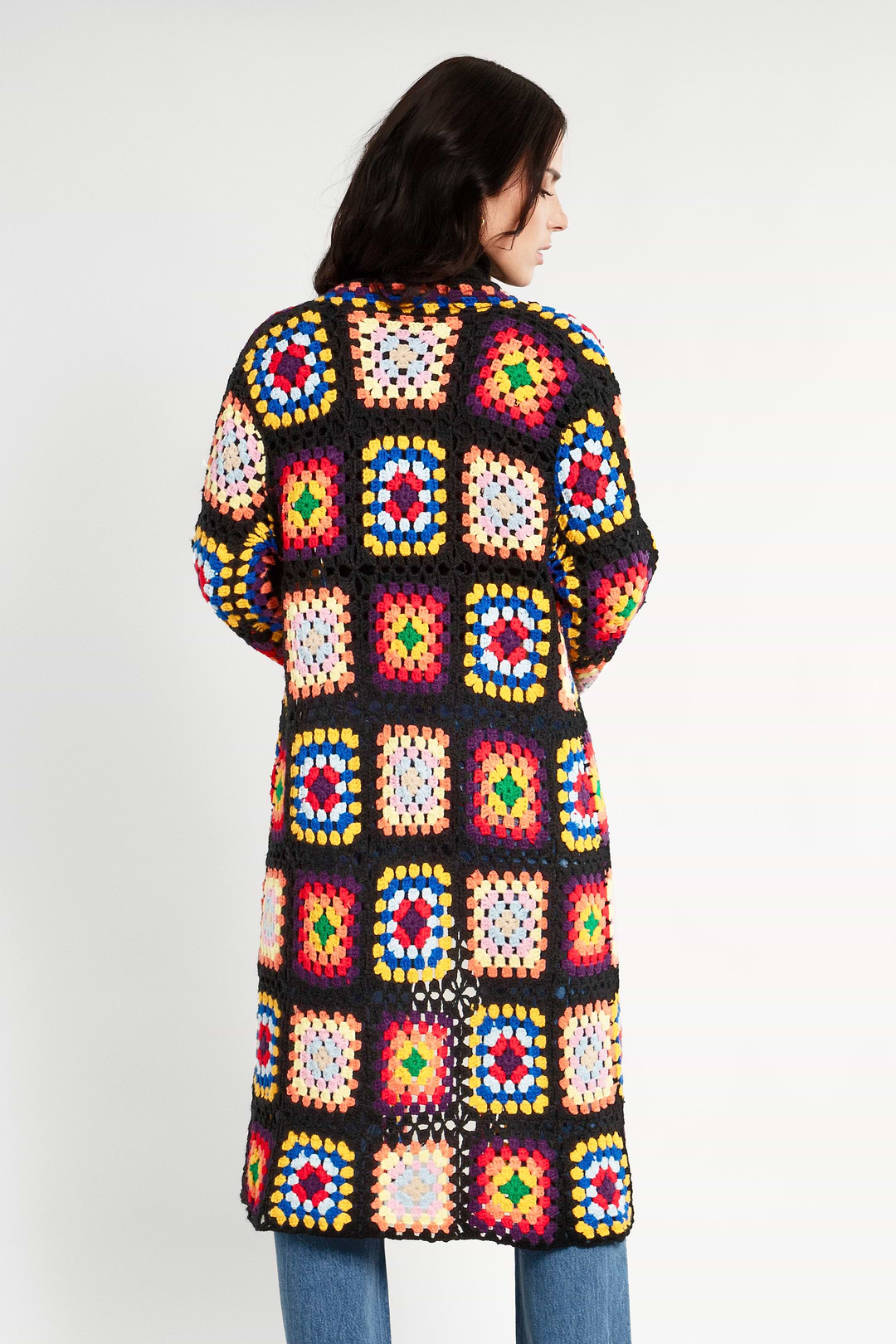 Granny Square Crochet Kimono - Black