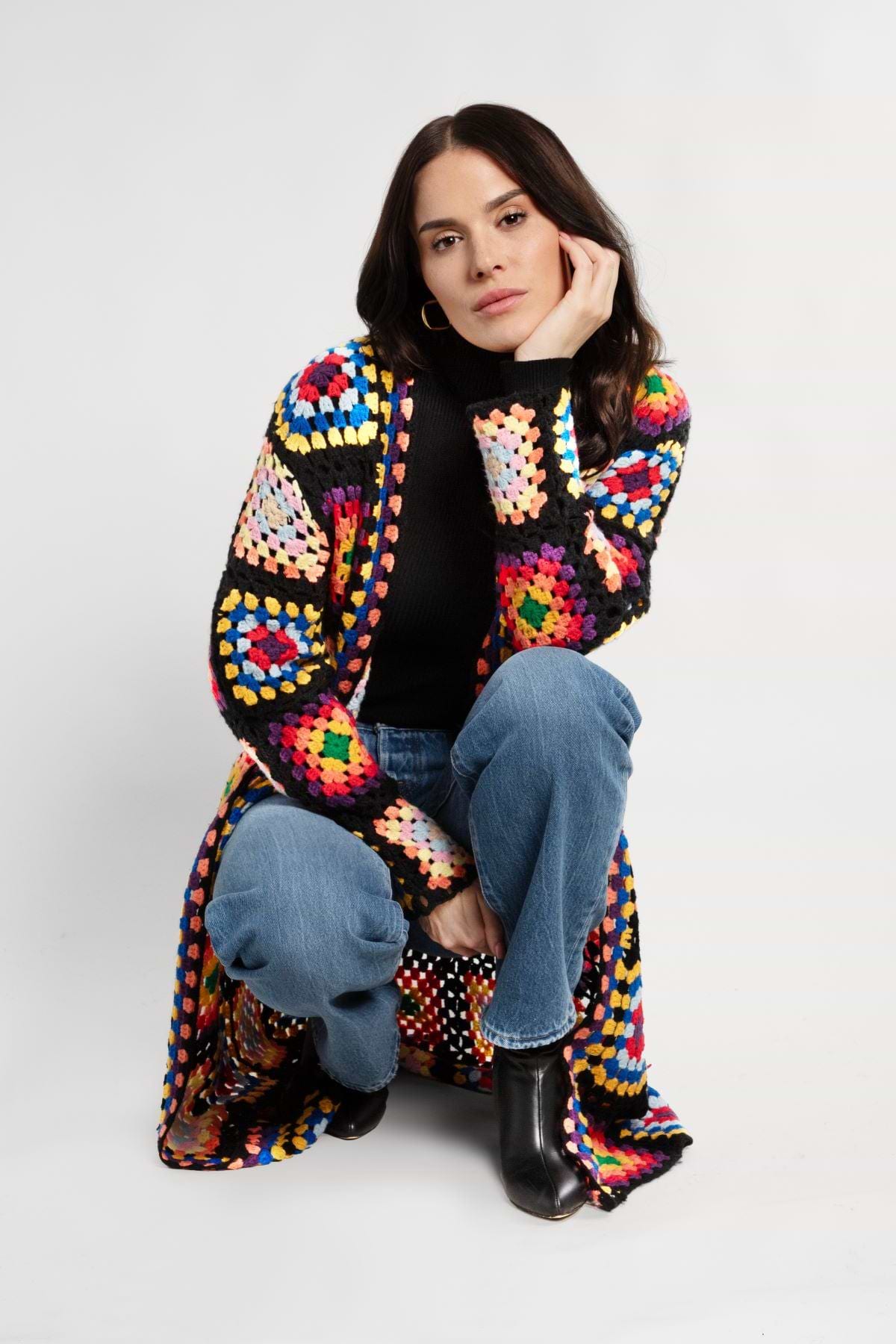 Granny Square Crochet Kimono - Black