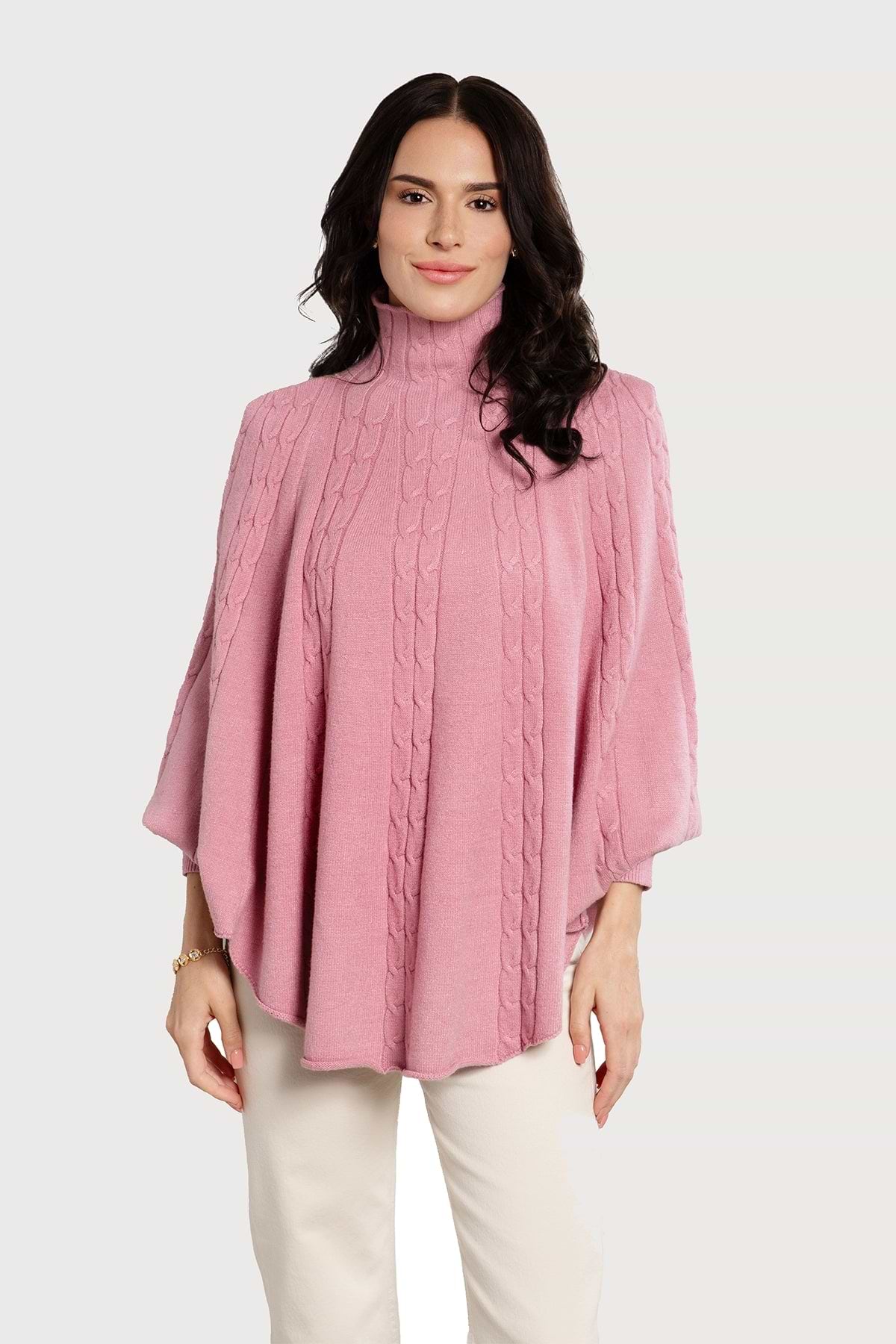 Turtleneck Sweater Cable Knit Poncho - Light Pink