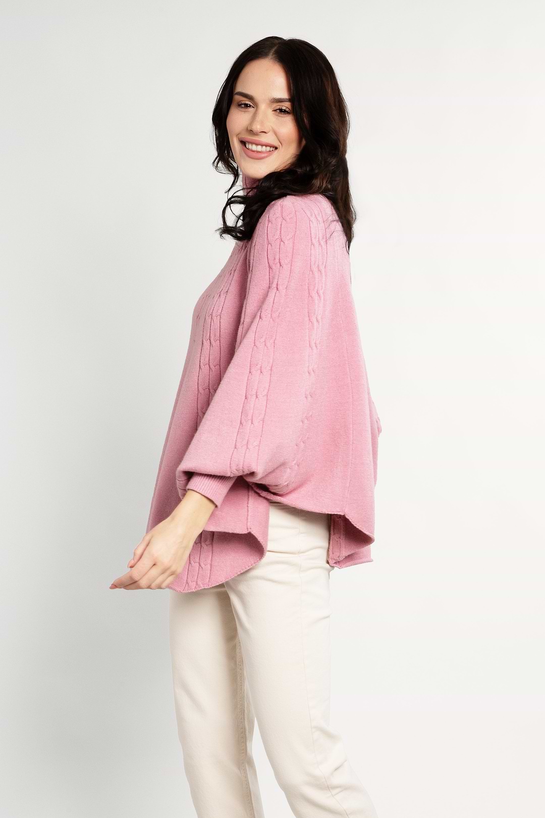 Turtleneck Sweater Cable Knit Poncho - Light Pink