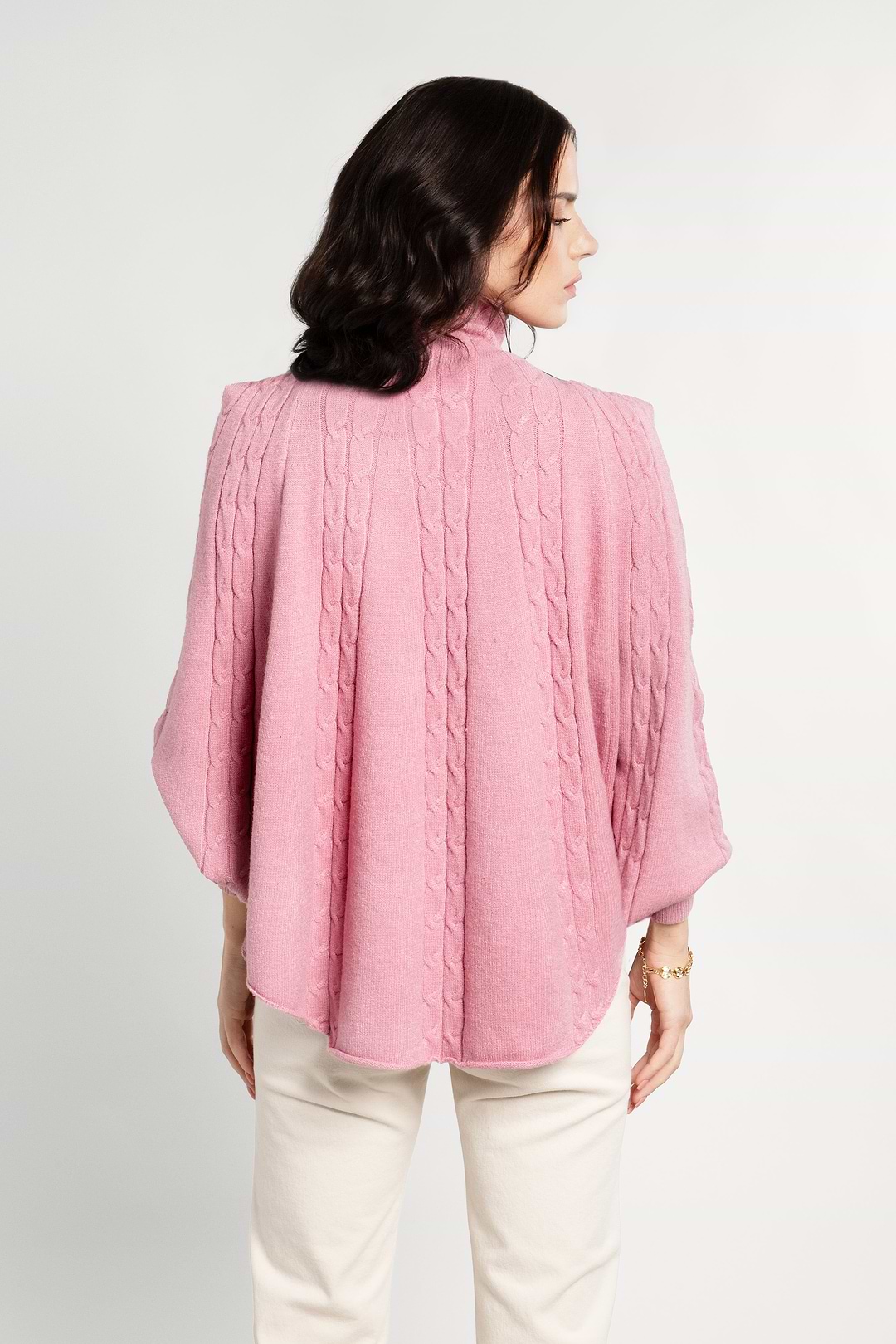 Turtleneck Sweater Cable Knit Poncho - Light Pink