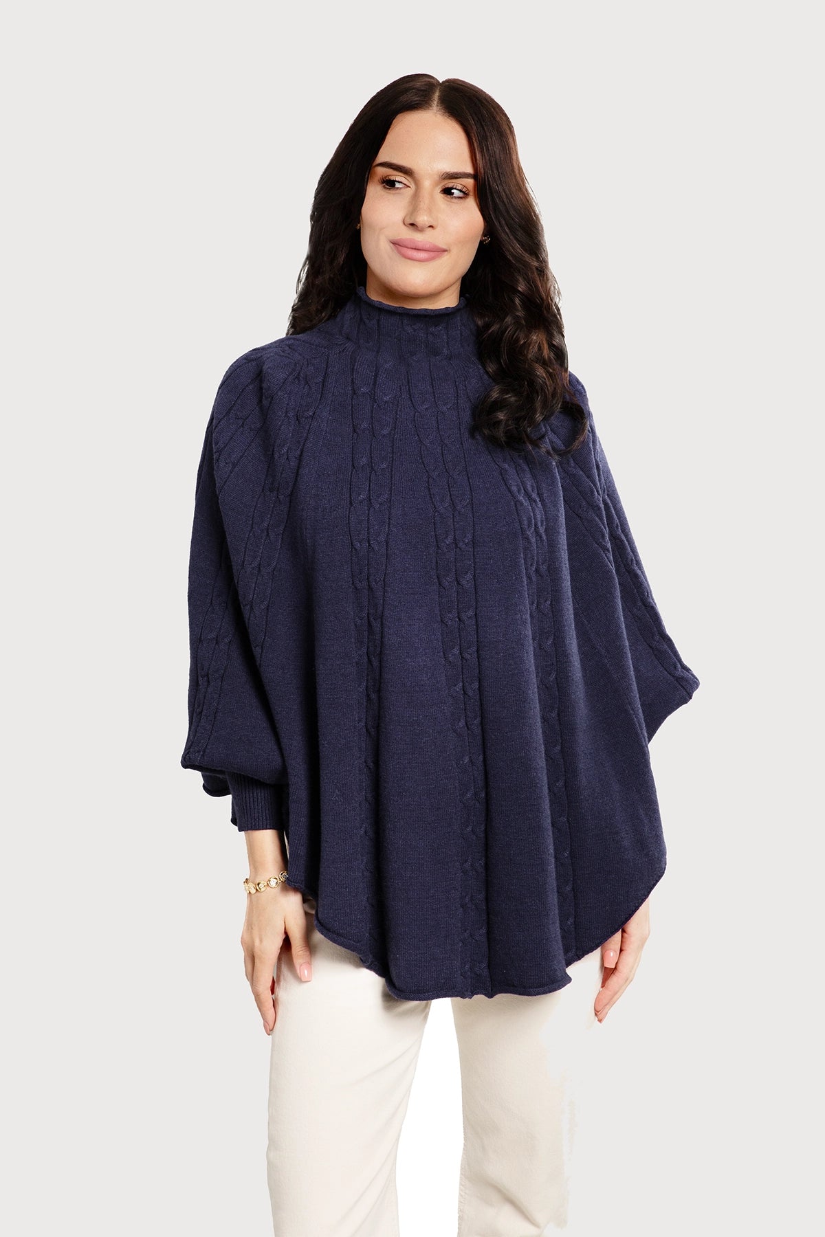 Turtleneck Sweater Cable Knit Poncho - Dark Slate Blue