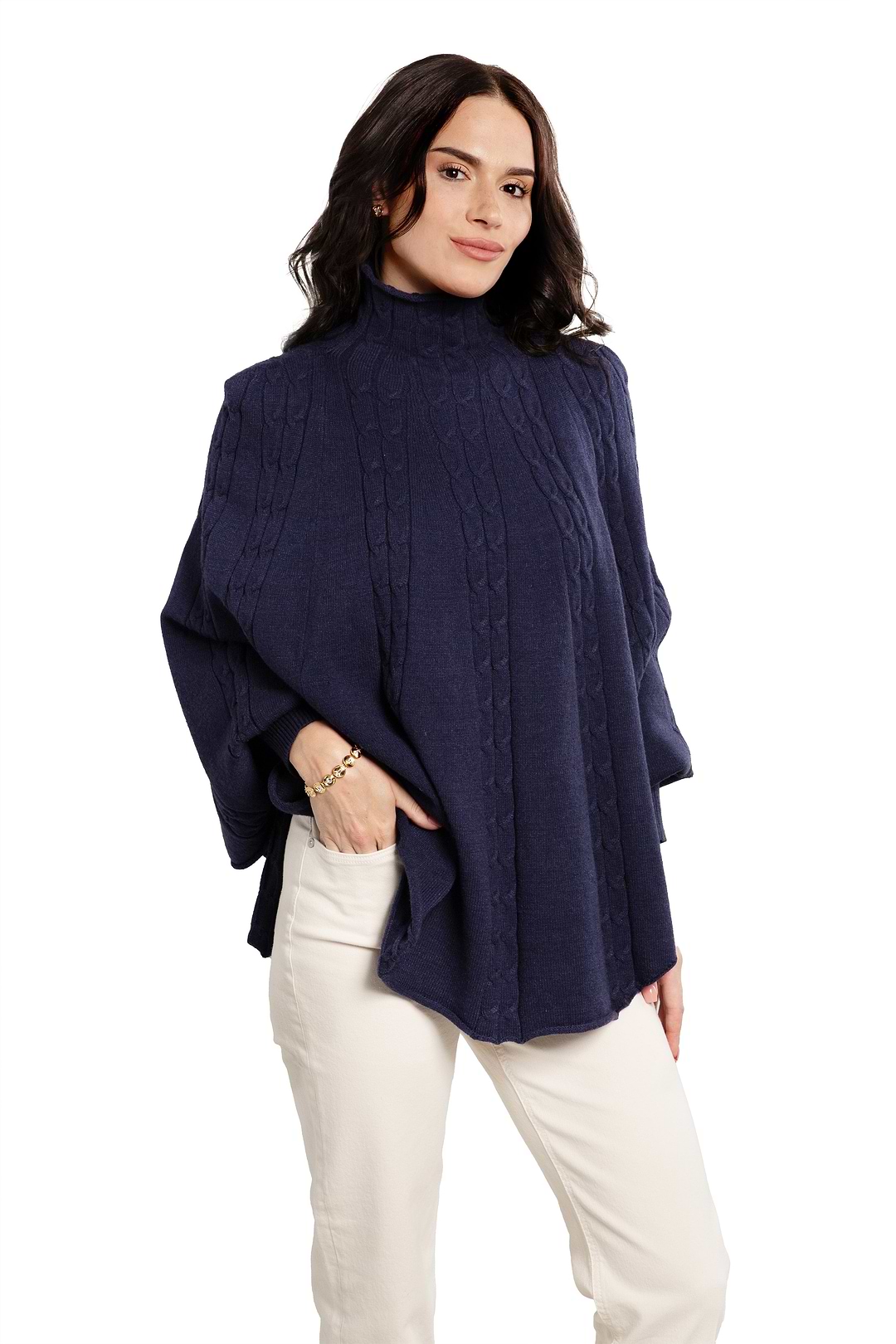 Turtleneck Sweater Cable Knit Poncho - Dark Slate Blue