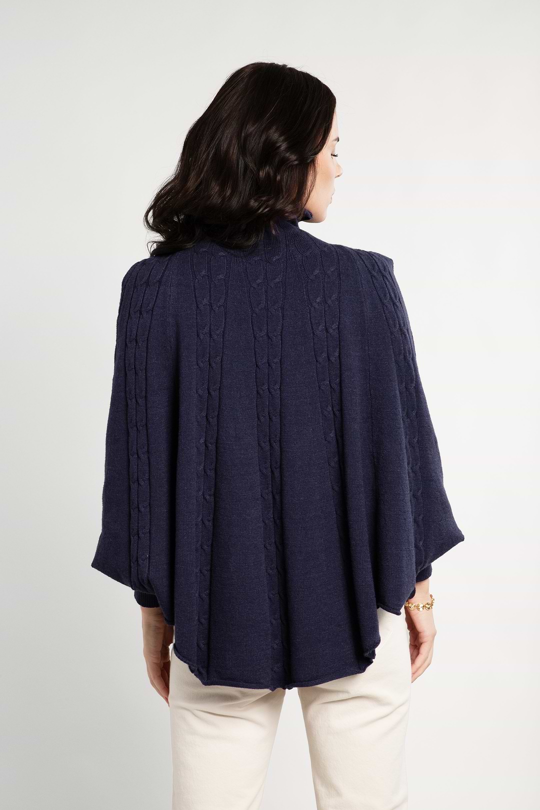 Turtleneck Sweater Cable Knit Poncho - Dark Slate Blue