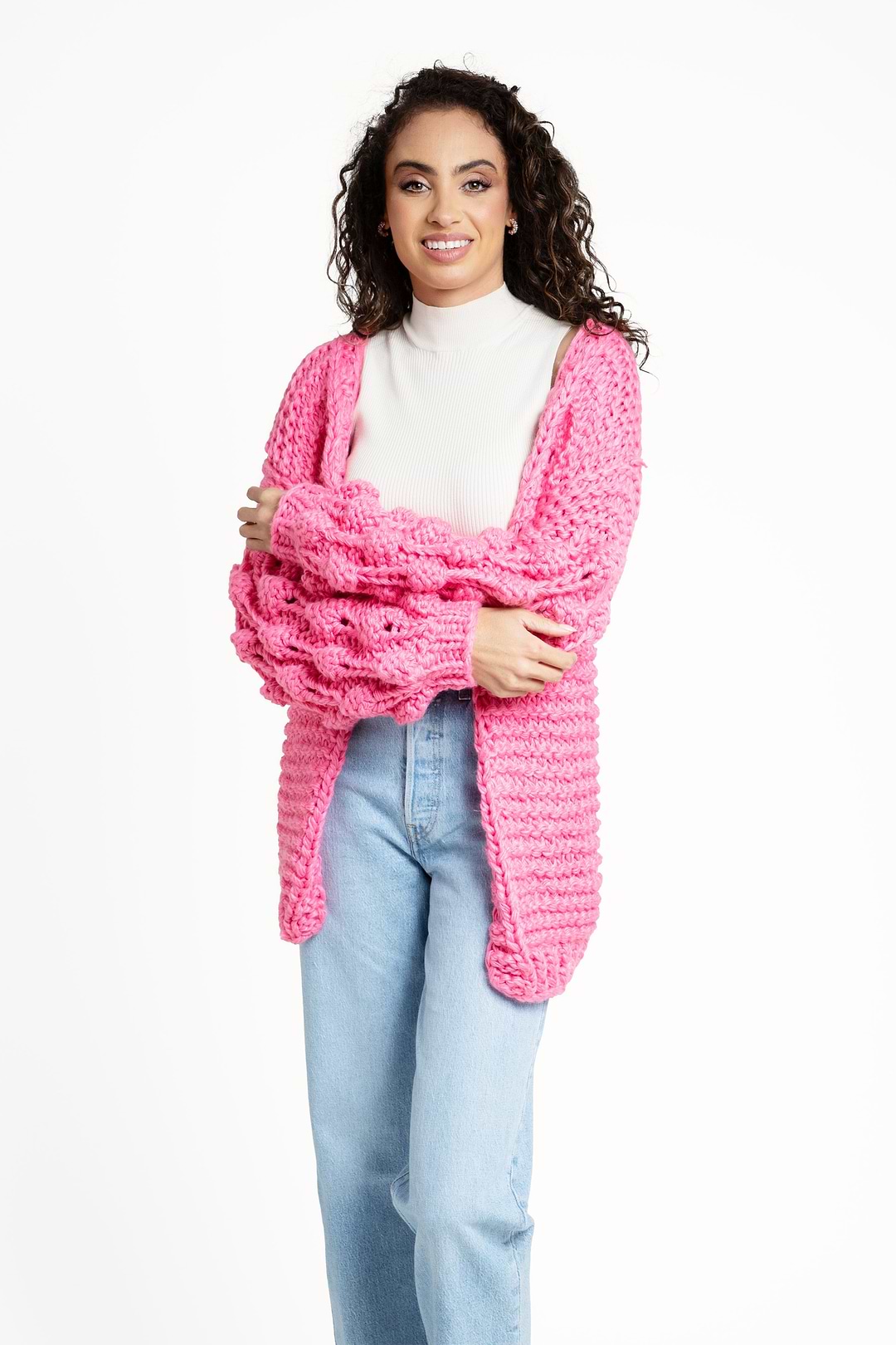 Knit Cardigan With Bauble Sleeves - Hot Pink
