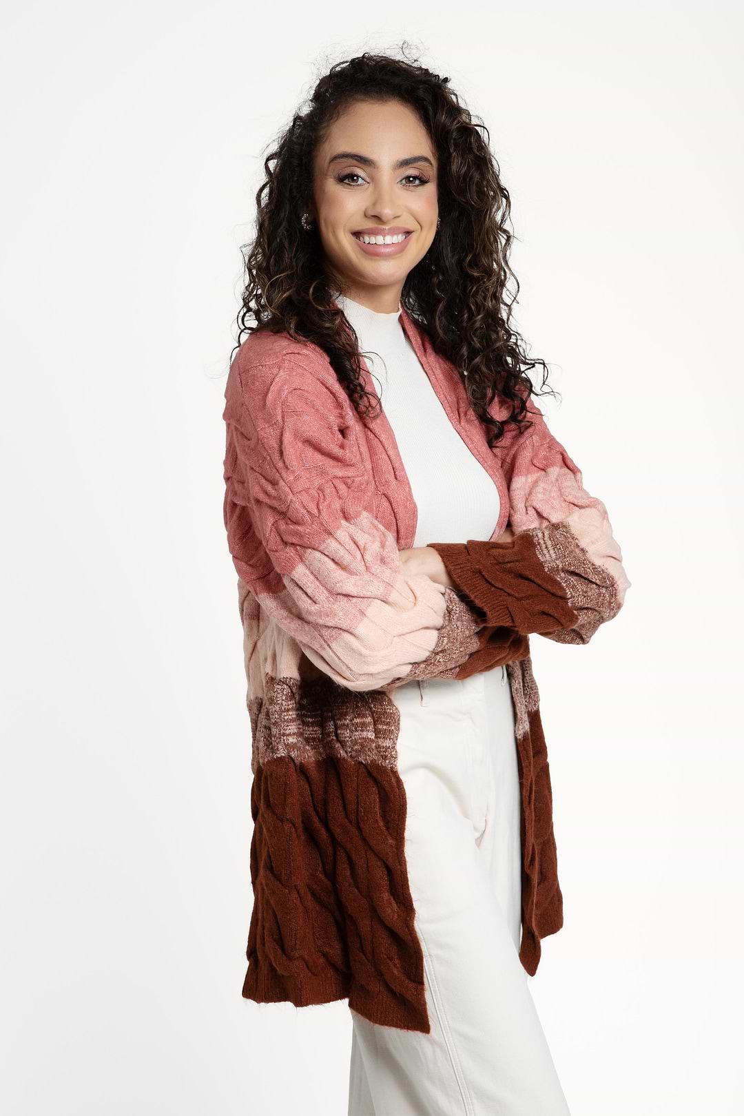 Cable Knit Color Block Cardigan - Dark Salmon