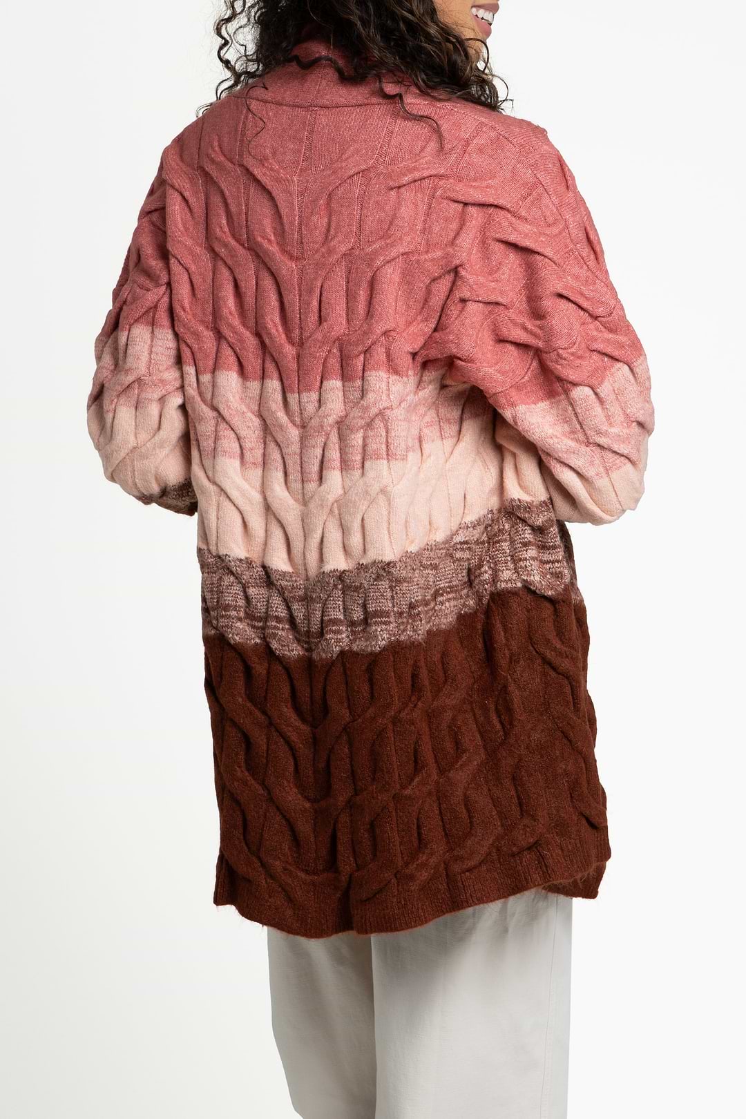 Cable Knit Color Block Cardigan - Dark Salmon