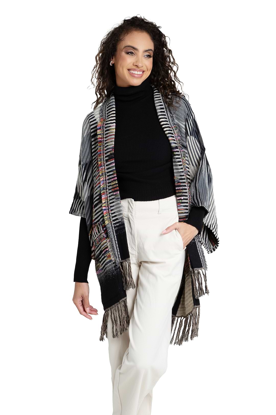 Cotton Fringe Embellished Kimono Jacket - Black