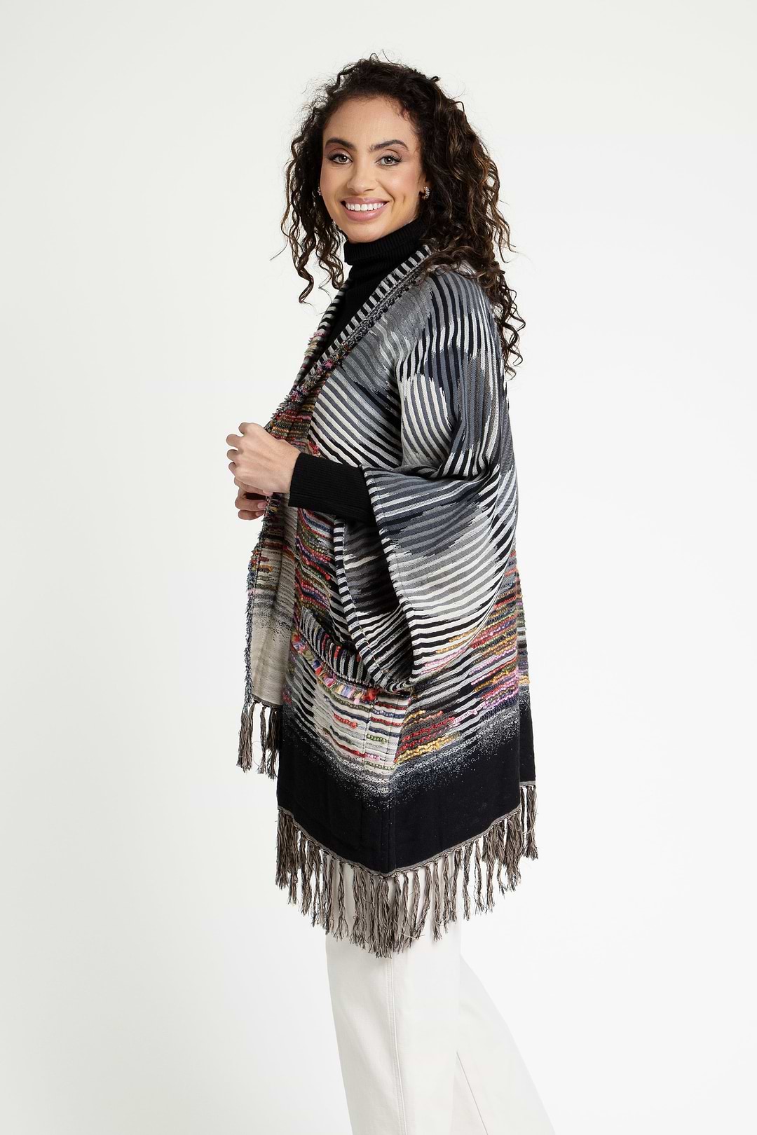 Cotton Fringe Embellished Kimono Jacket - Black