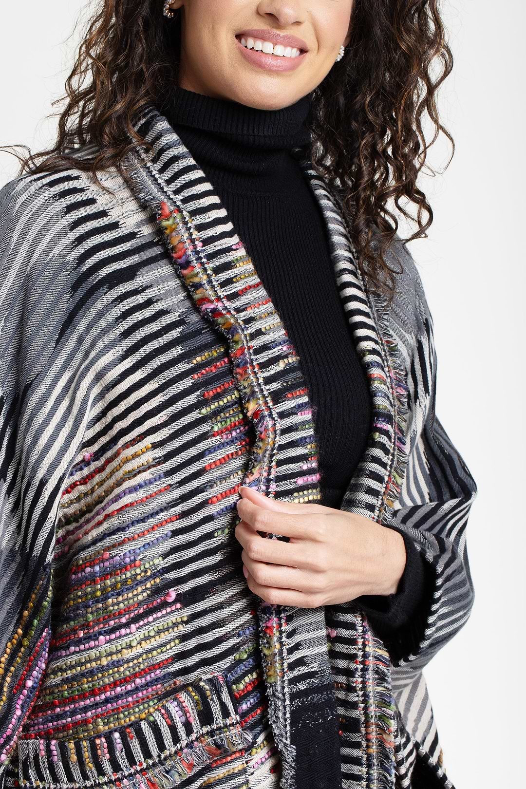 Cotton Fringe Embellished Kimono Jacket - Black