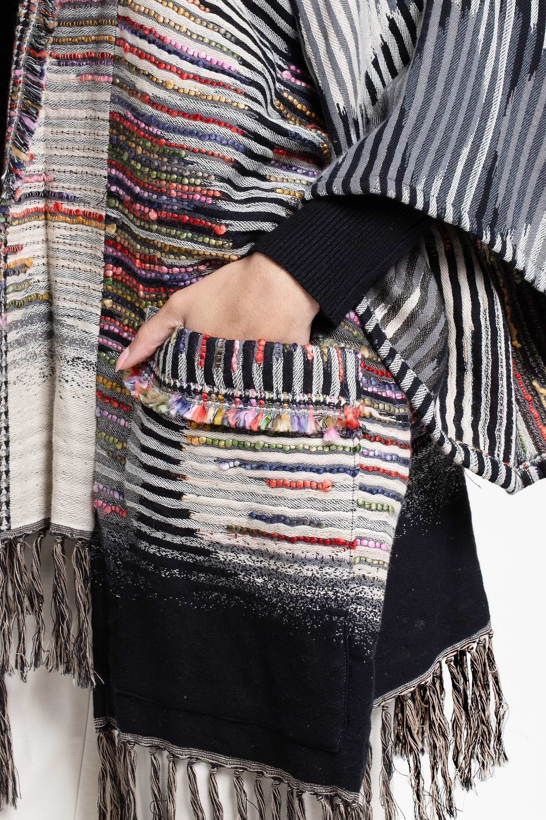 Cotton Fringe Embellished Kimono Jacket - Black