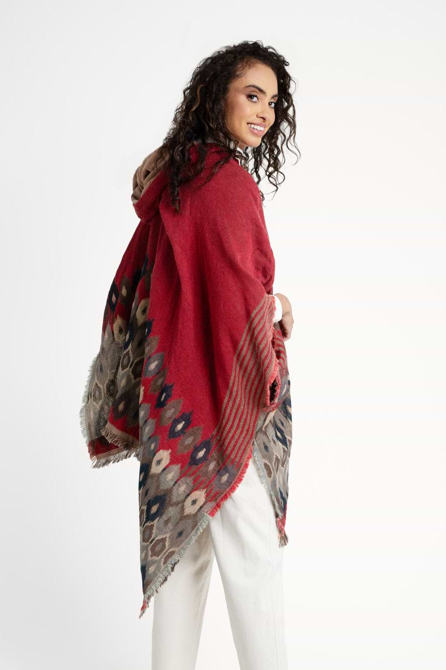 Aztec Frayed Hooded Poncho - Firebrick