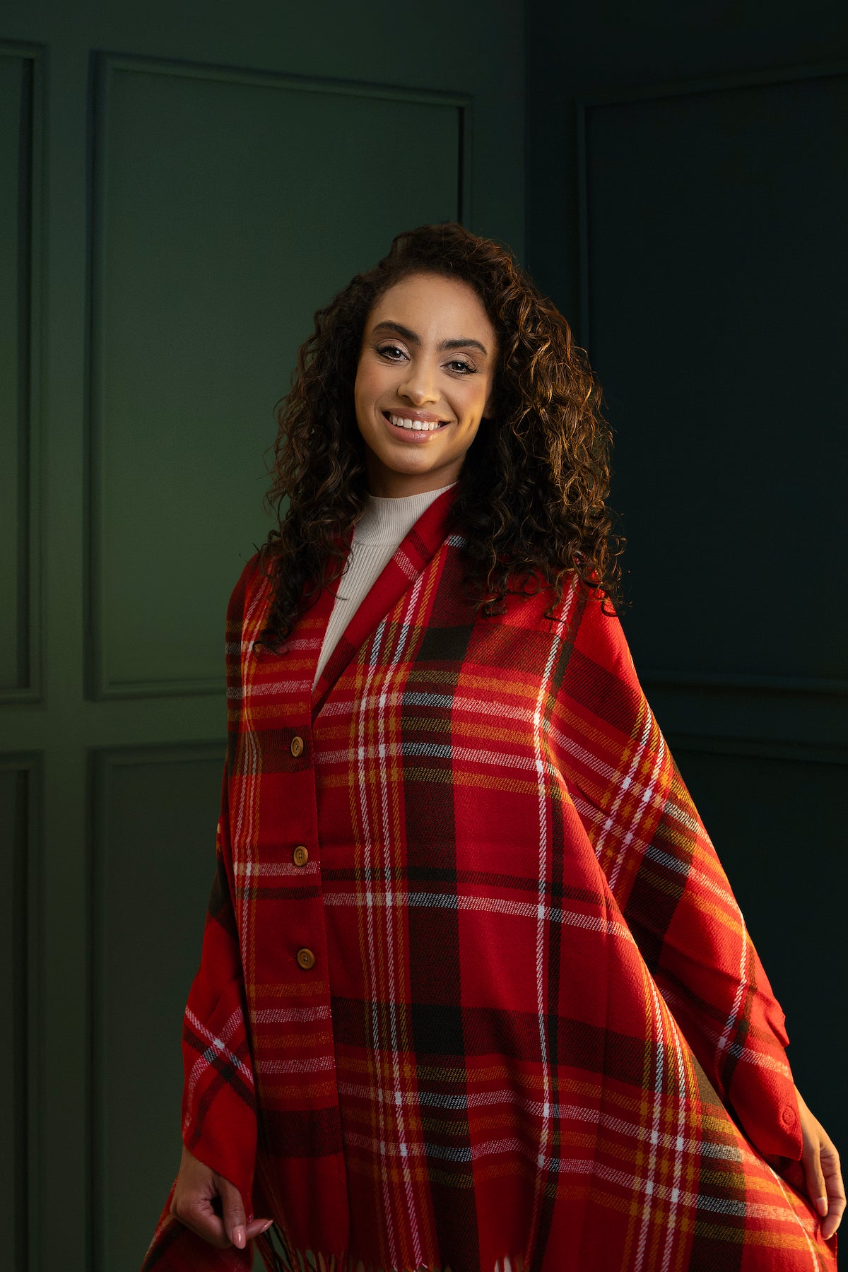 Plaid Tassel Buttoned Poncho - Red