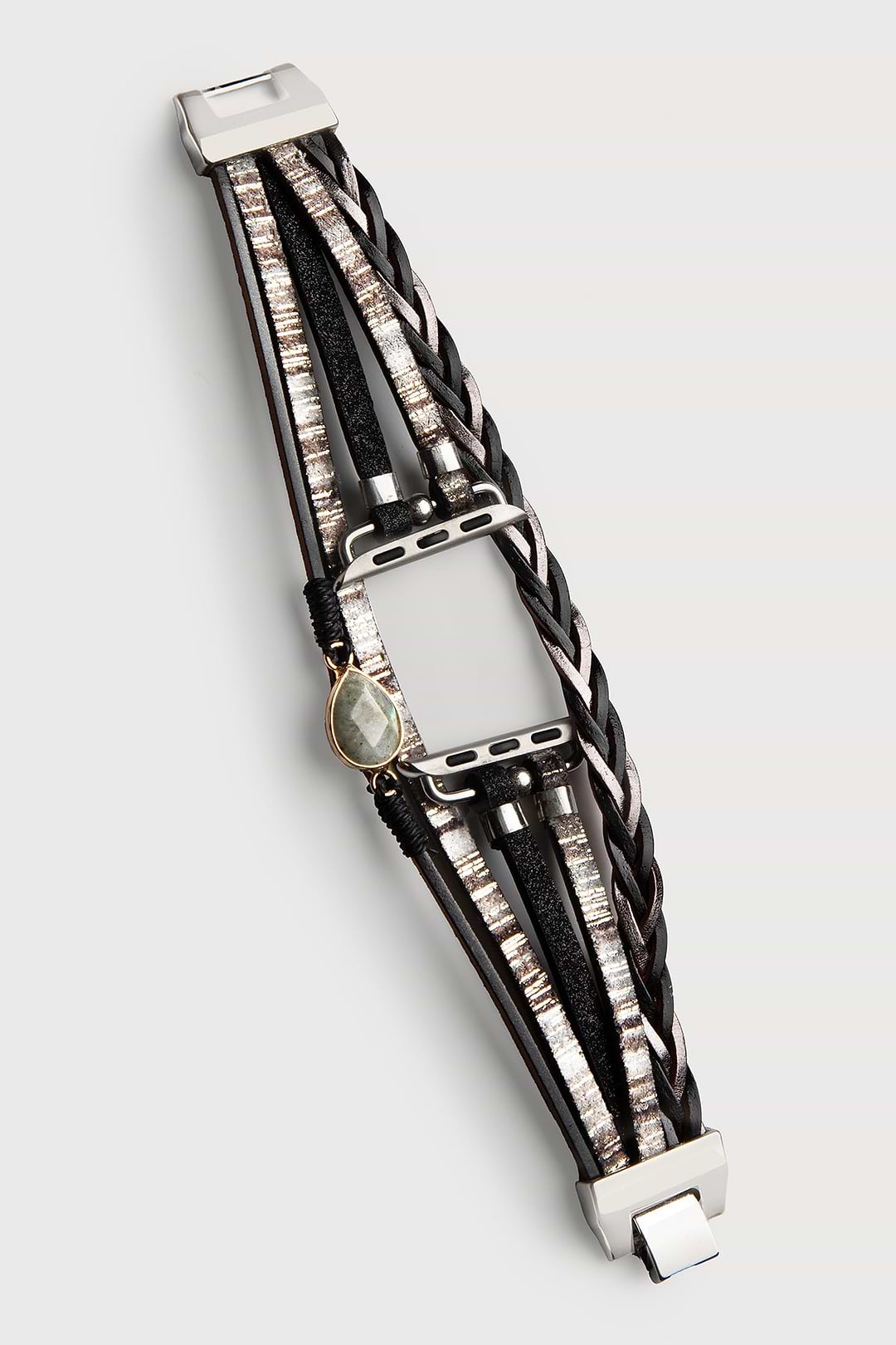 Boho Crystal Leather Apple Band - Black & Grey