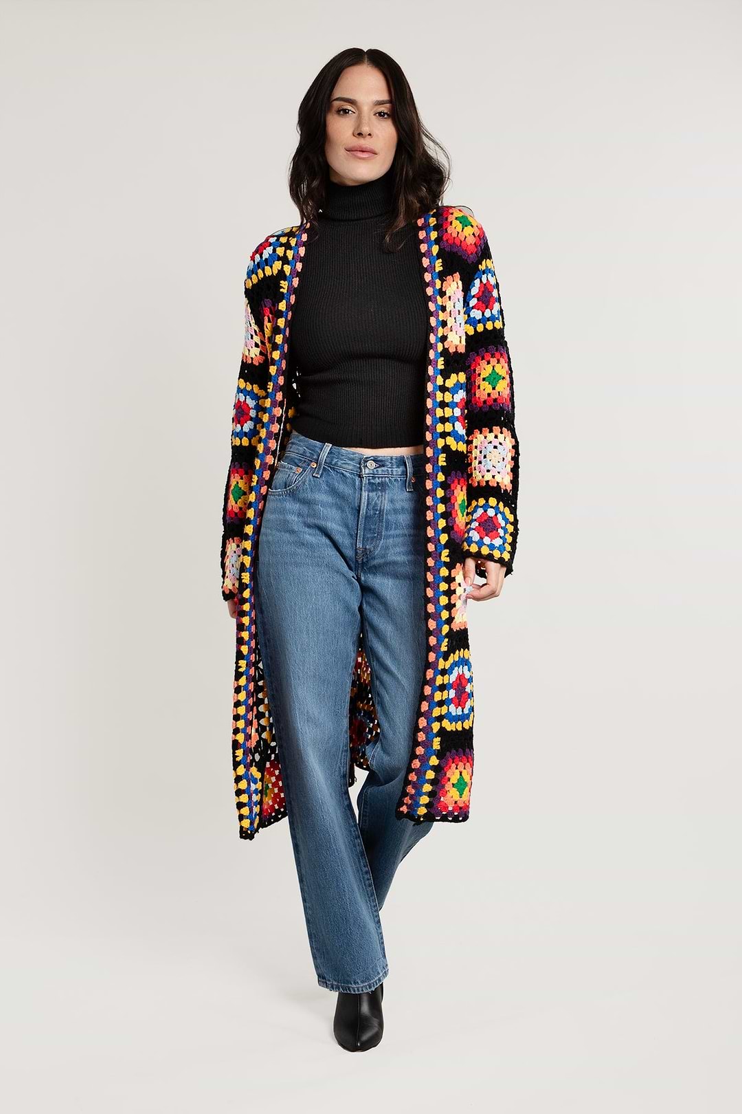 Granny Square Crochet Kimono - Black