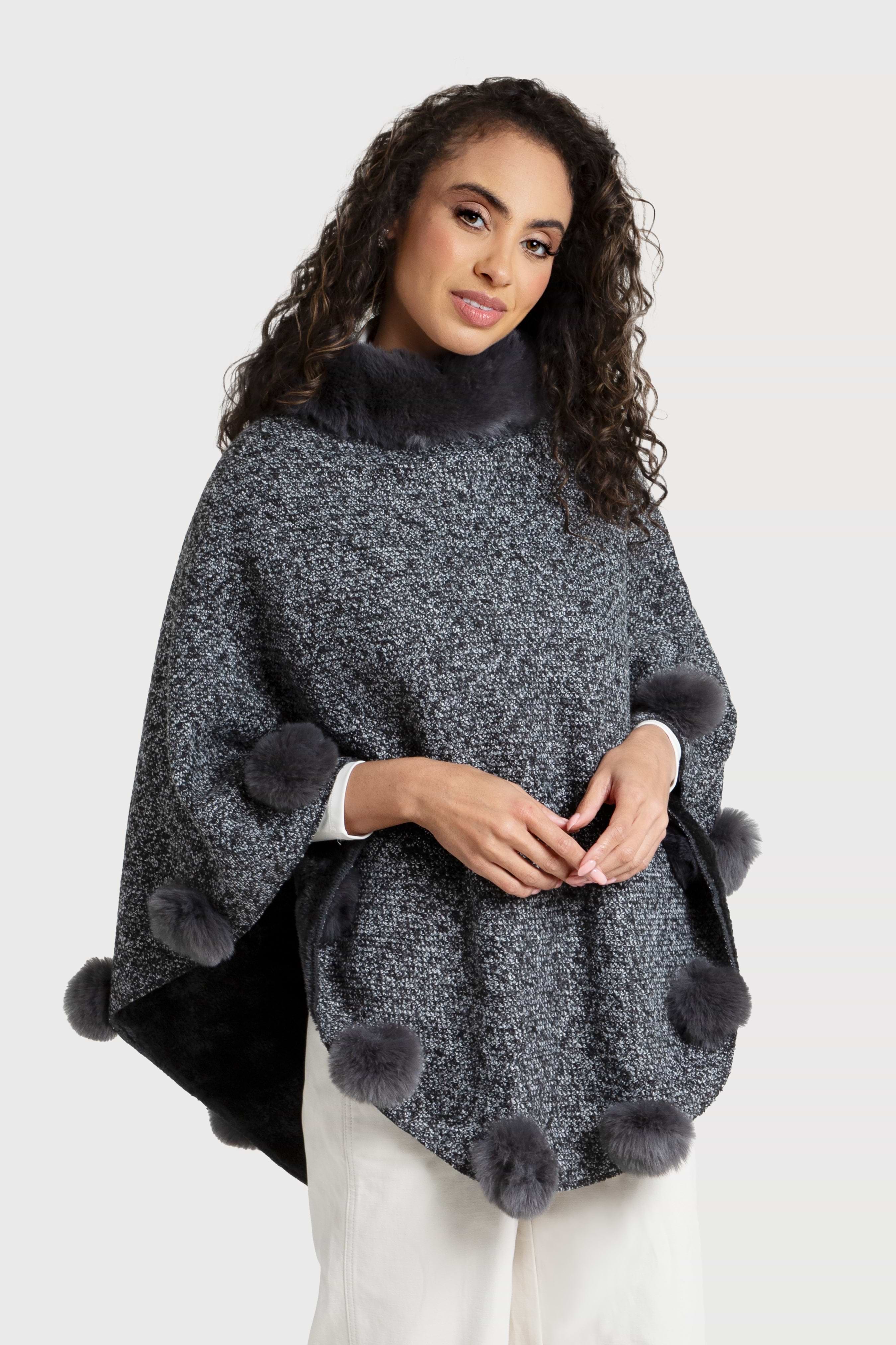 Faux Fur Pom Pom Poncho | SAACHI