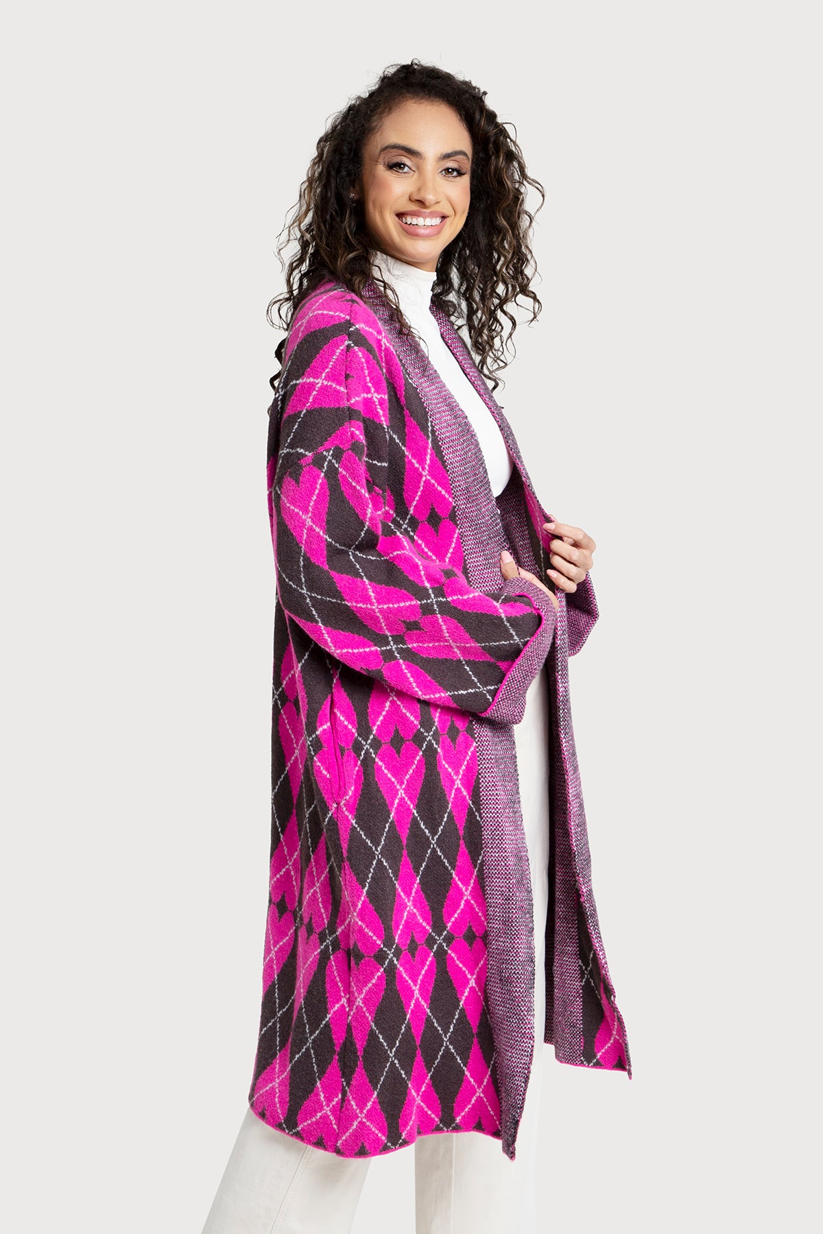 Heart Patterned Cardigan Argyle Knit - Magenta