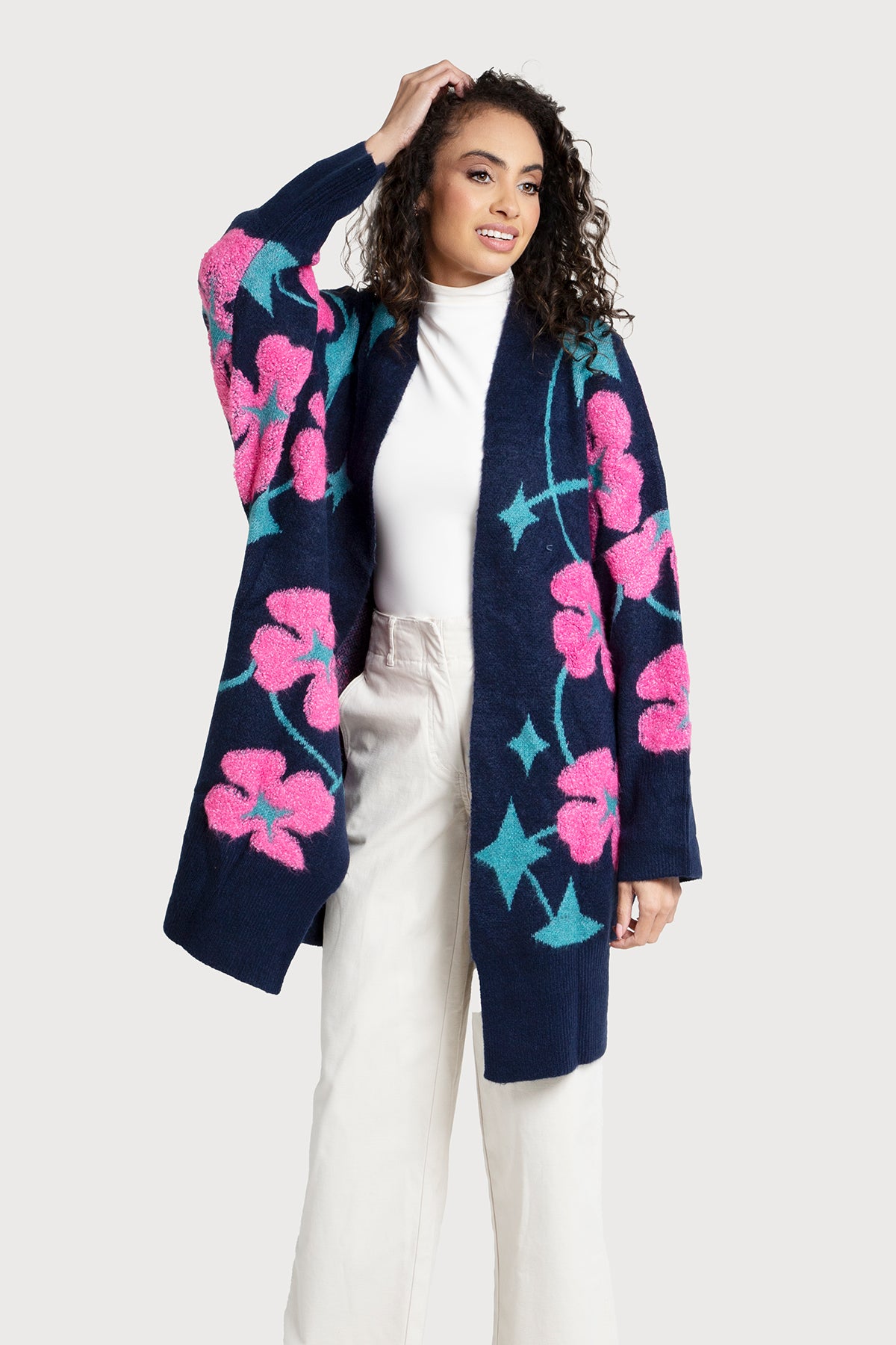 Floral Knit Cardigan Diamond Patterned - Navy