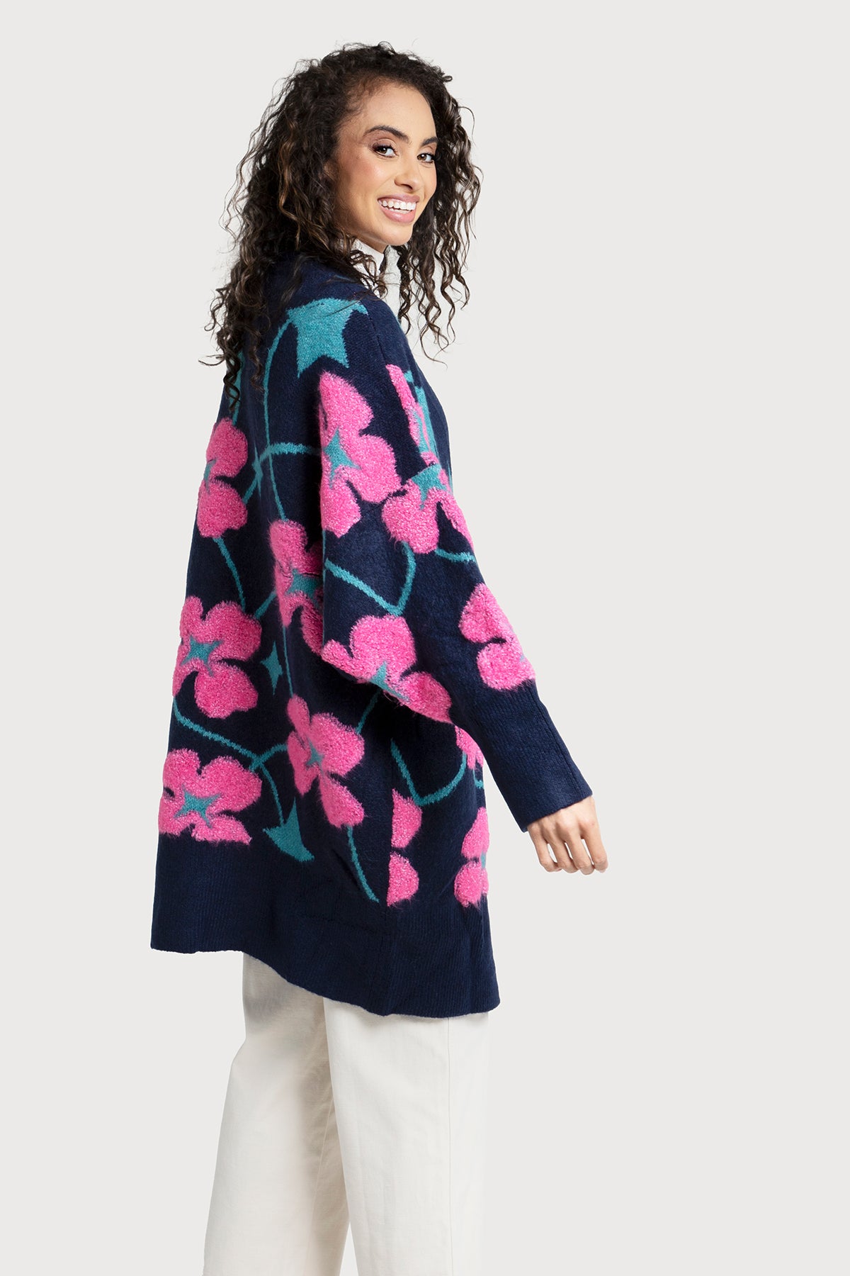 Floral Knit Cardigan Diamond Patterned - Navy