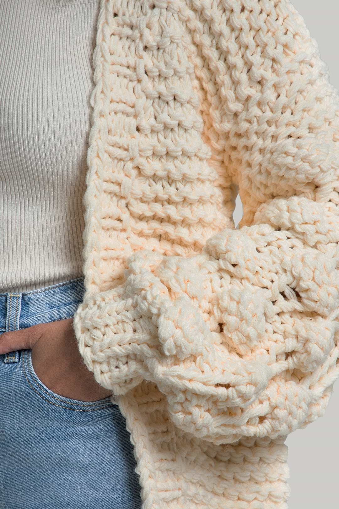 Knit Cardigan With Bauble Sleeves - Ivory