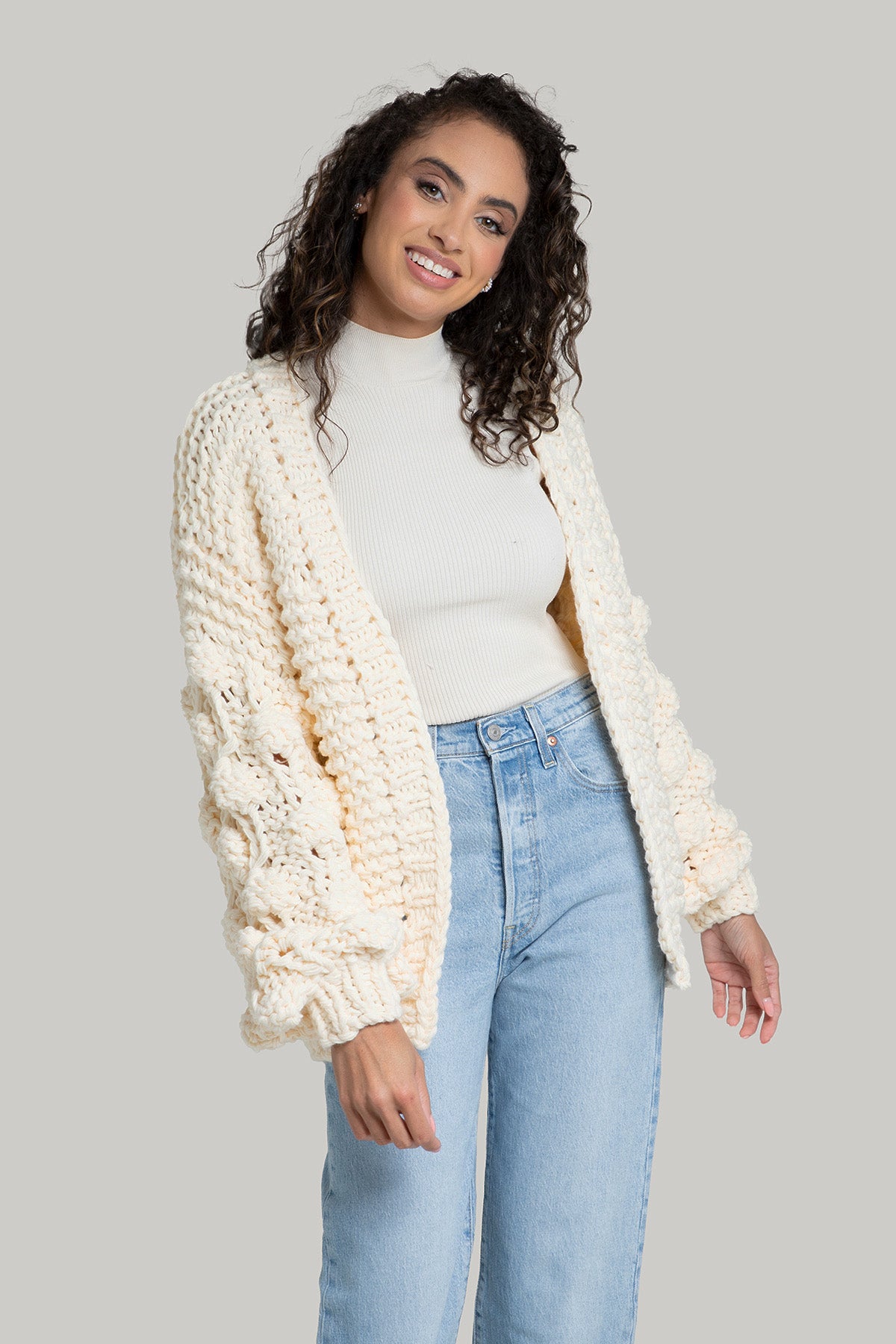 Knit Cardigan With Bauble Sleeves - Ivory
