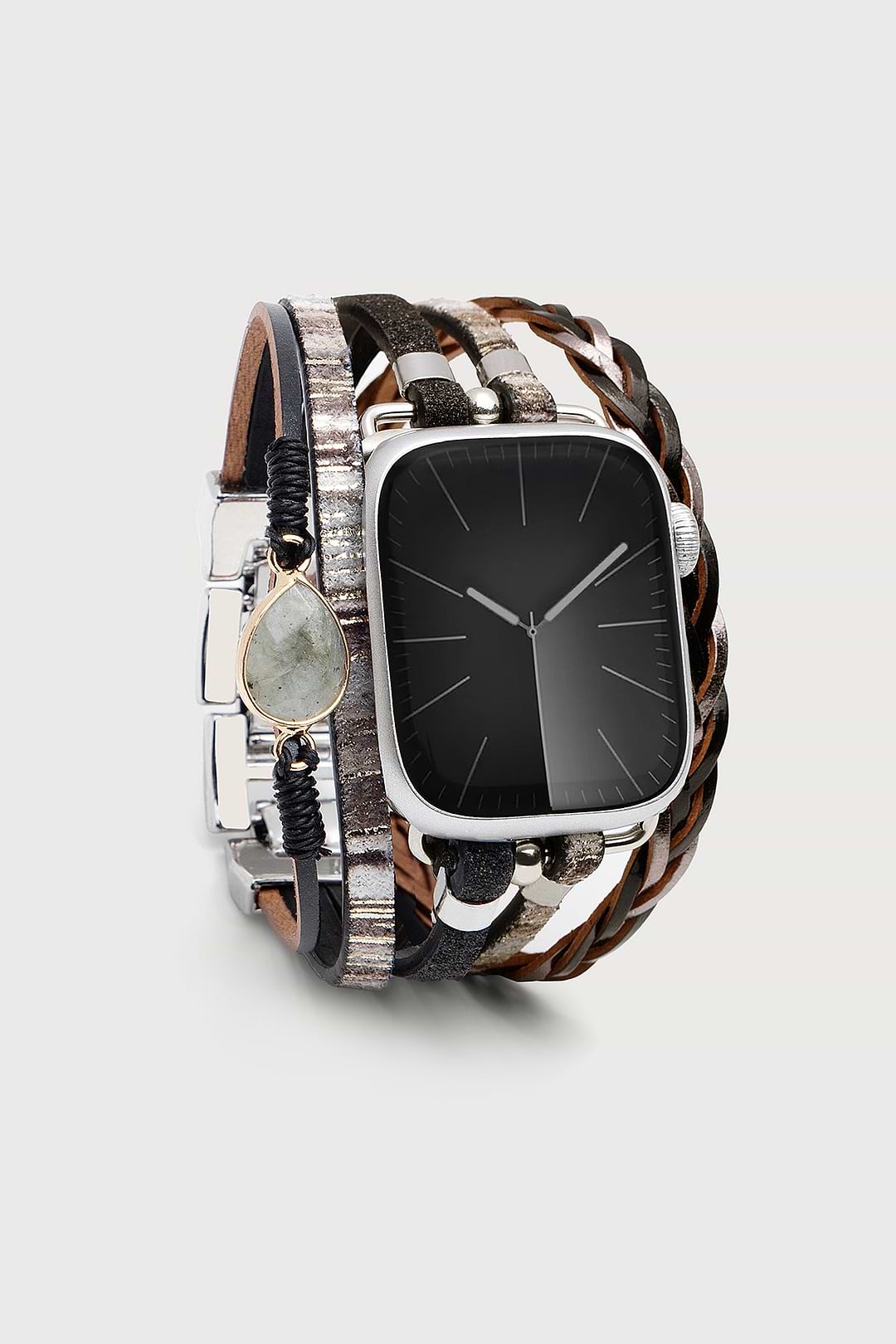 Boho Crystal Leather Apple Band - Black & Grey