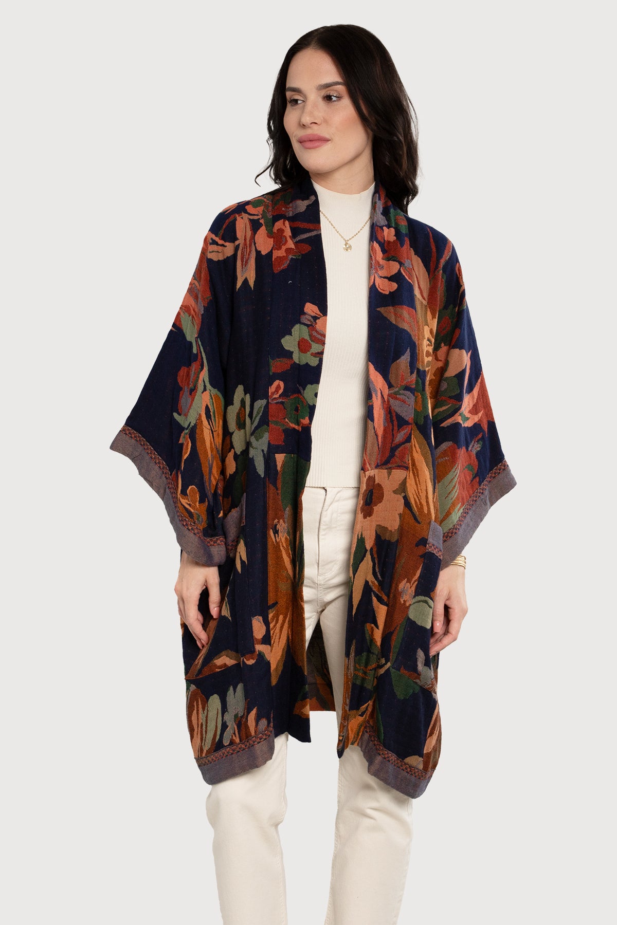 Floral Kimono Cotton Jacket - Midnight Blue