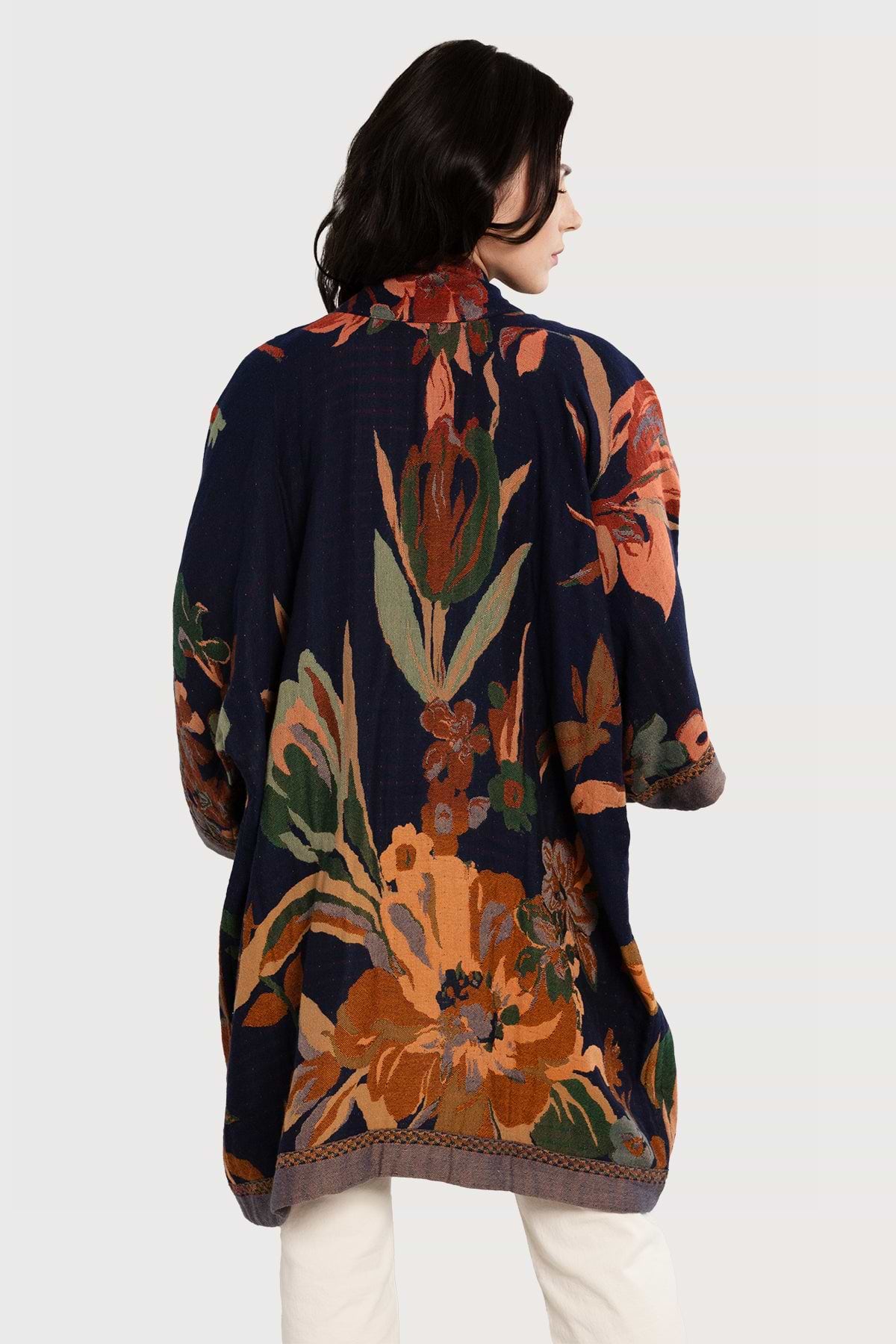 Floral Kimono Cotton Jacket - Midnight Blue