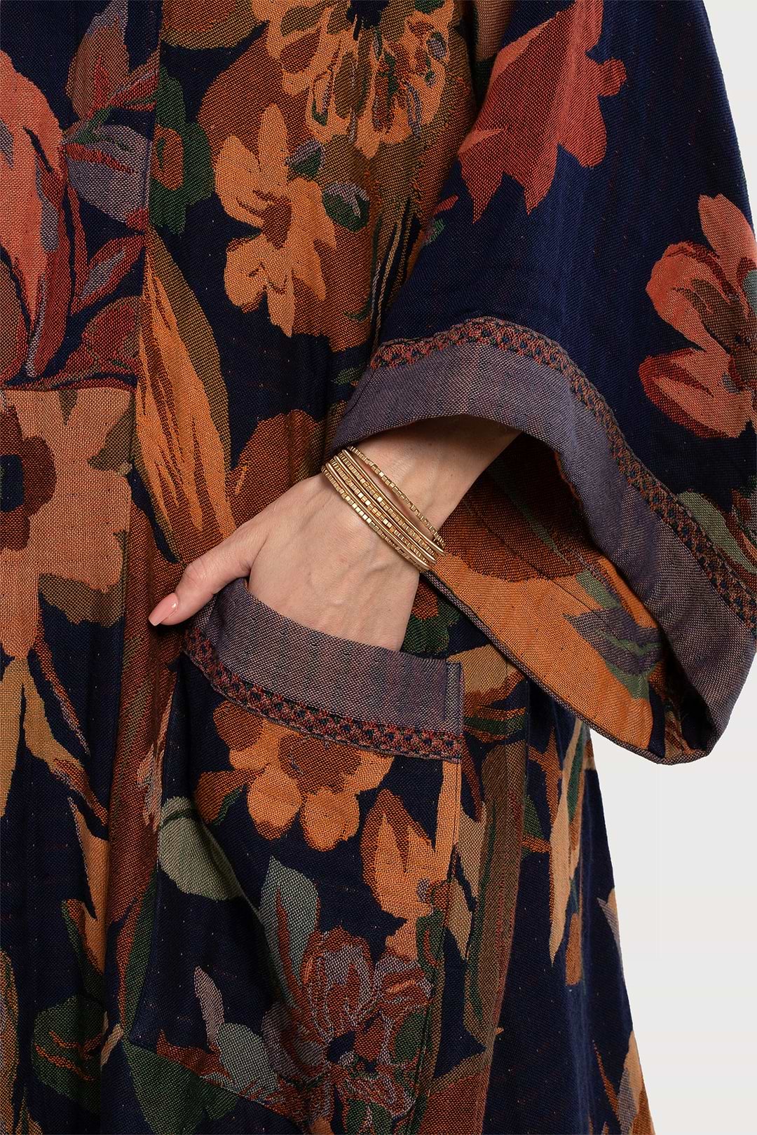Floral Kimono Cotton Jacket - Midnight Blue