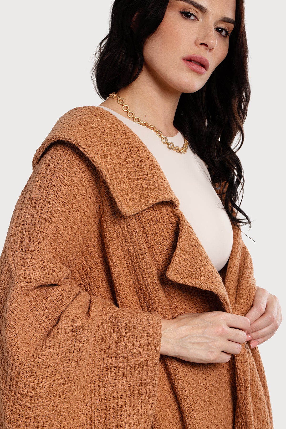 Comfy Oversized Waffle Knit Collared Jacket - Camel
