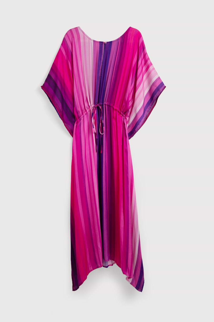 Multicolor Striped Tie Waist Keyhole Kaftan - Deep Pink