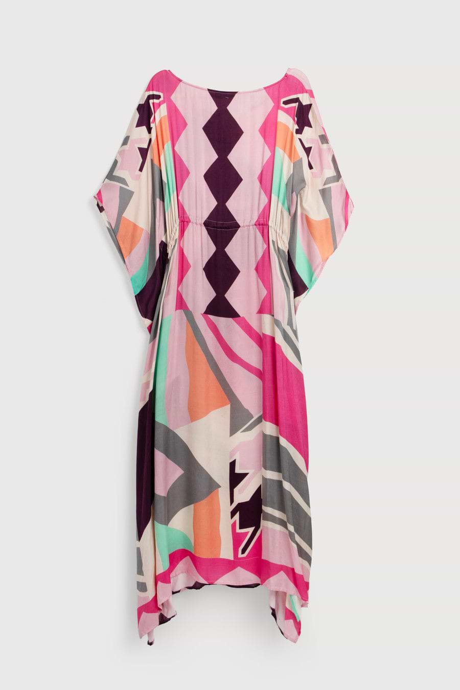 Multicolored Geo Tie Waist Keyhole Kaftan - Pink