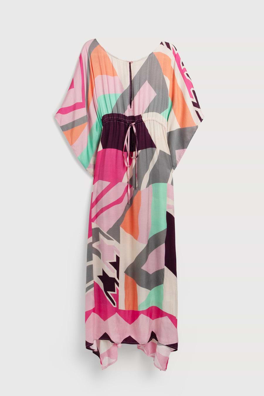 Multicolored Geo Tie Waist Keyhole Kaftan - Pink