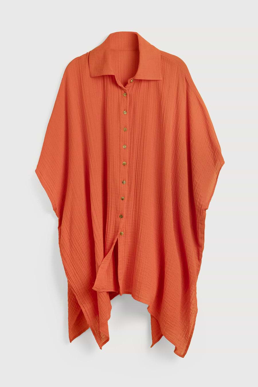 Oversized Textured Cotton Shirt - Orange