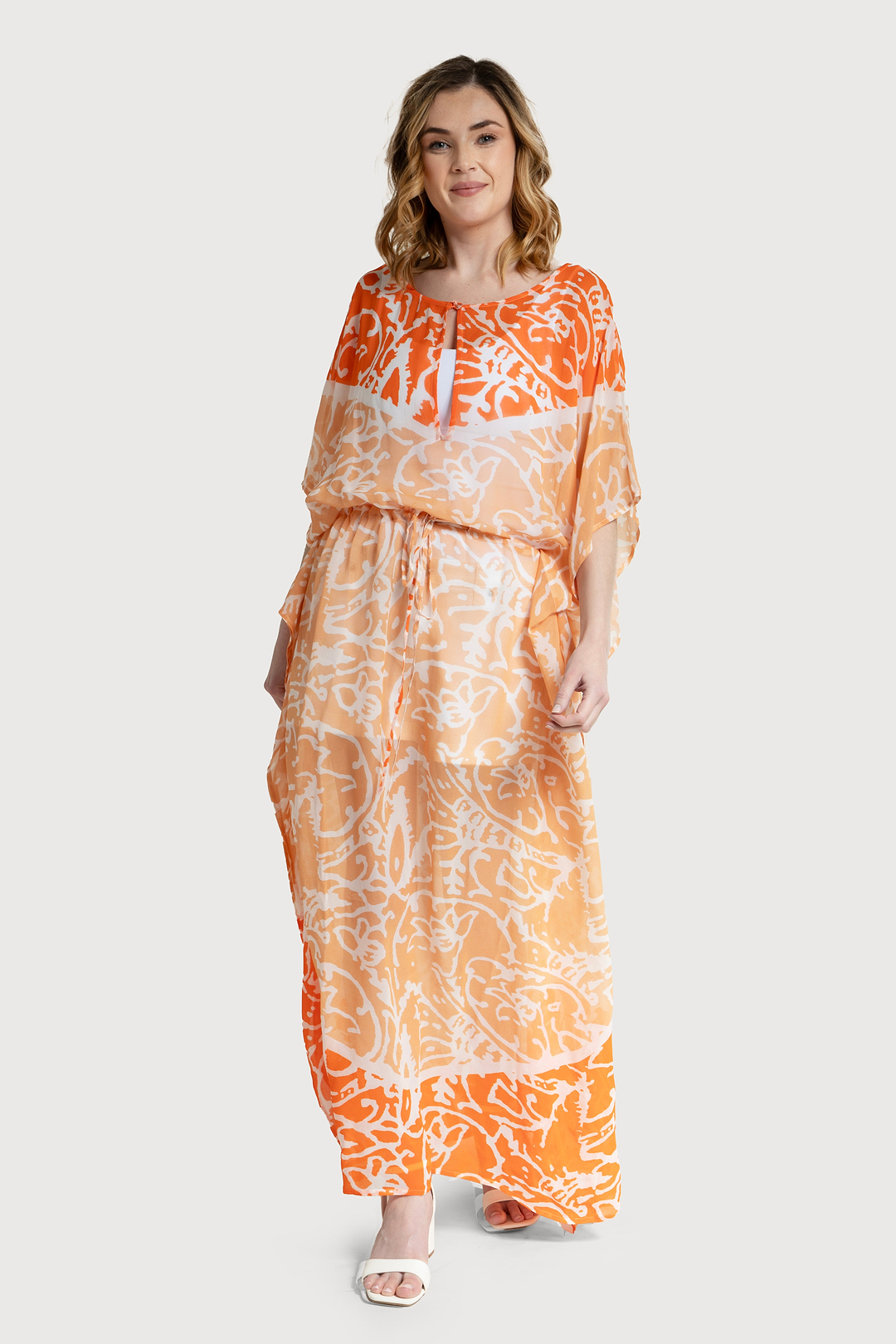 Floral Kaftan Tie Waist Monochrome - Orange