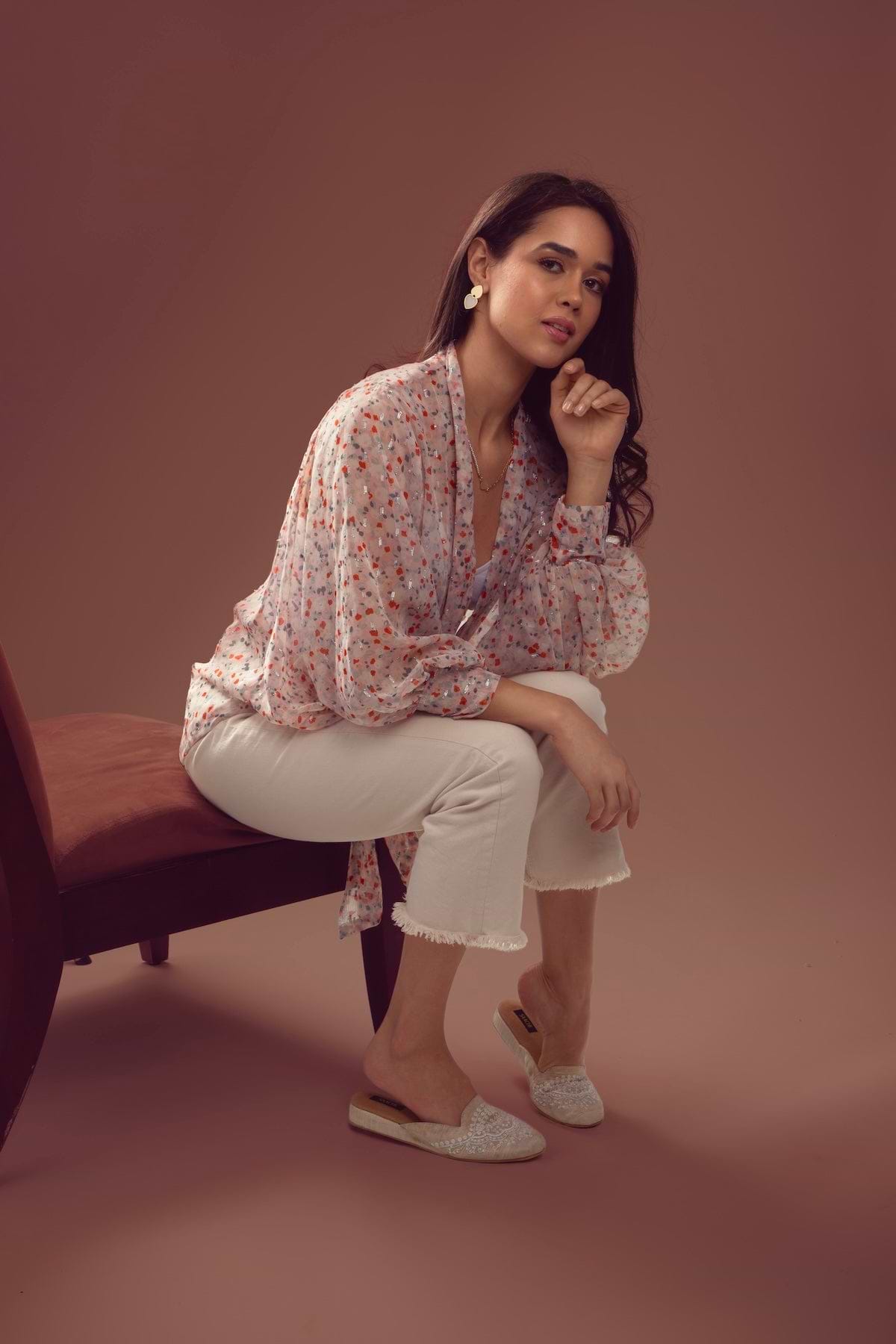 Tie Front Floral Kimono - Lavender Blush
