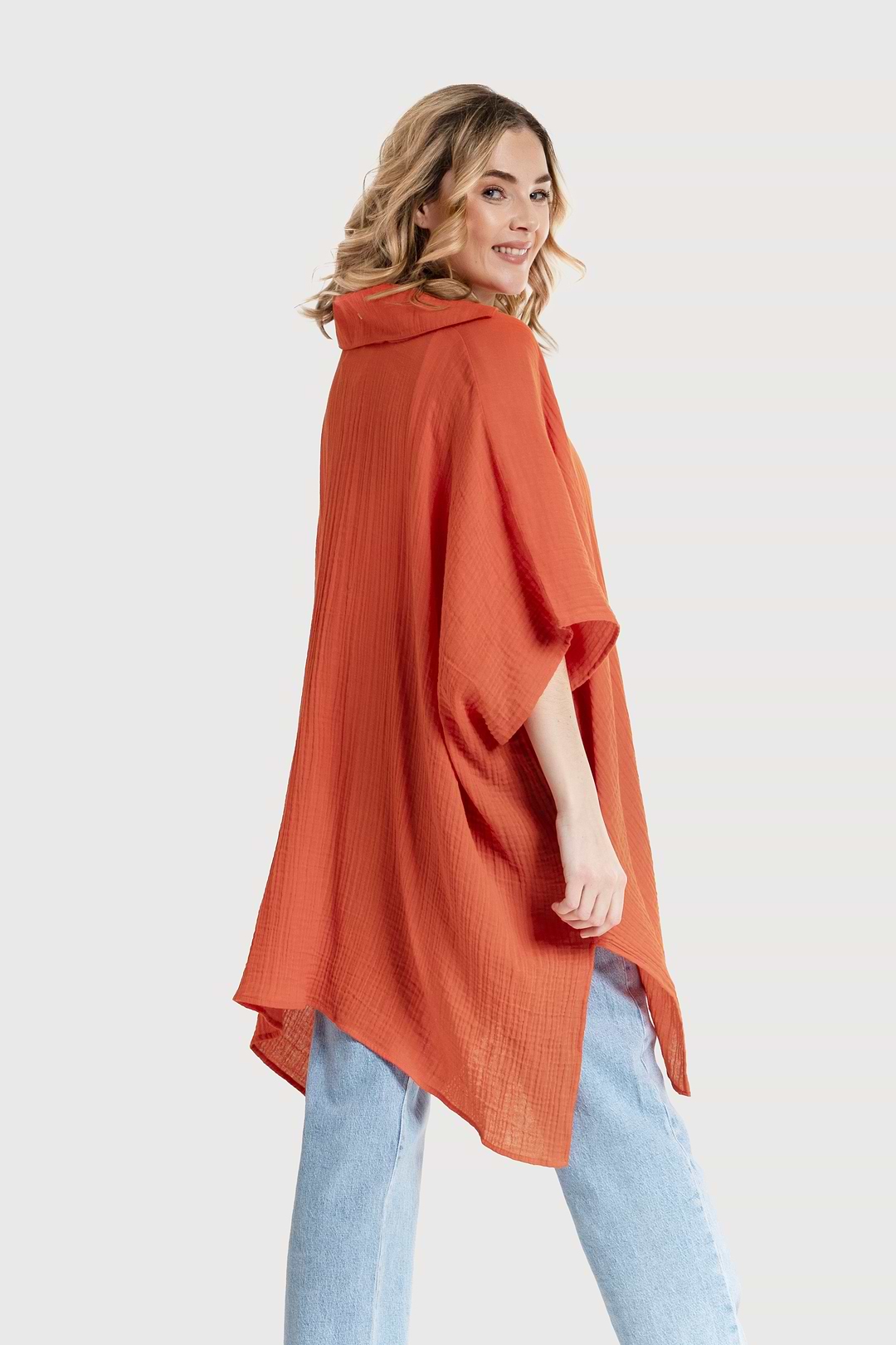 Oversized Textured Cotton Shirt - Orange