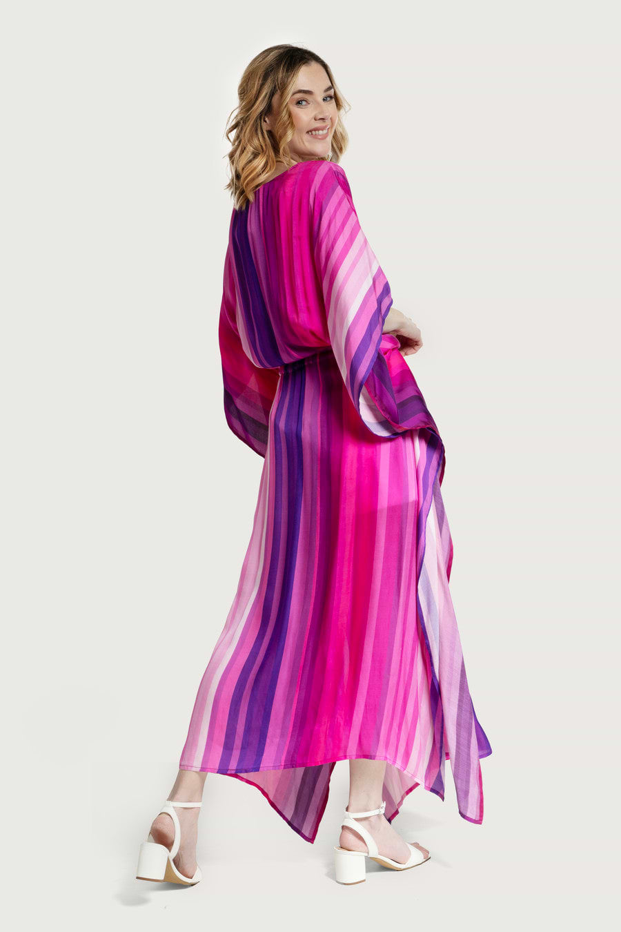 Multicolor Striped Tie Waist Keyhole Kaftan - Deep Pink