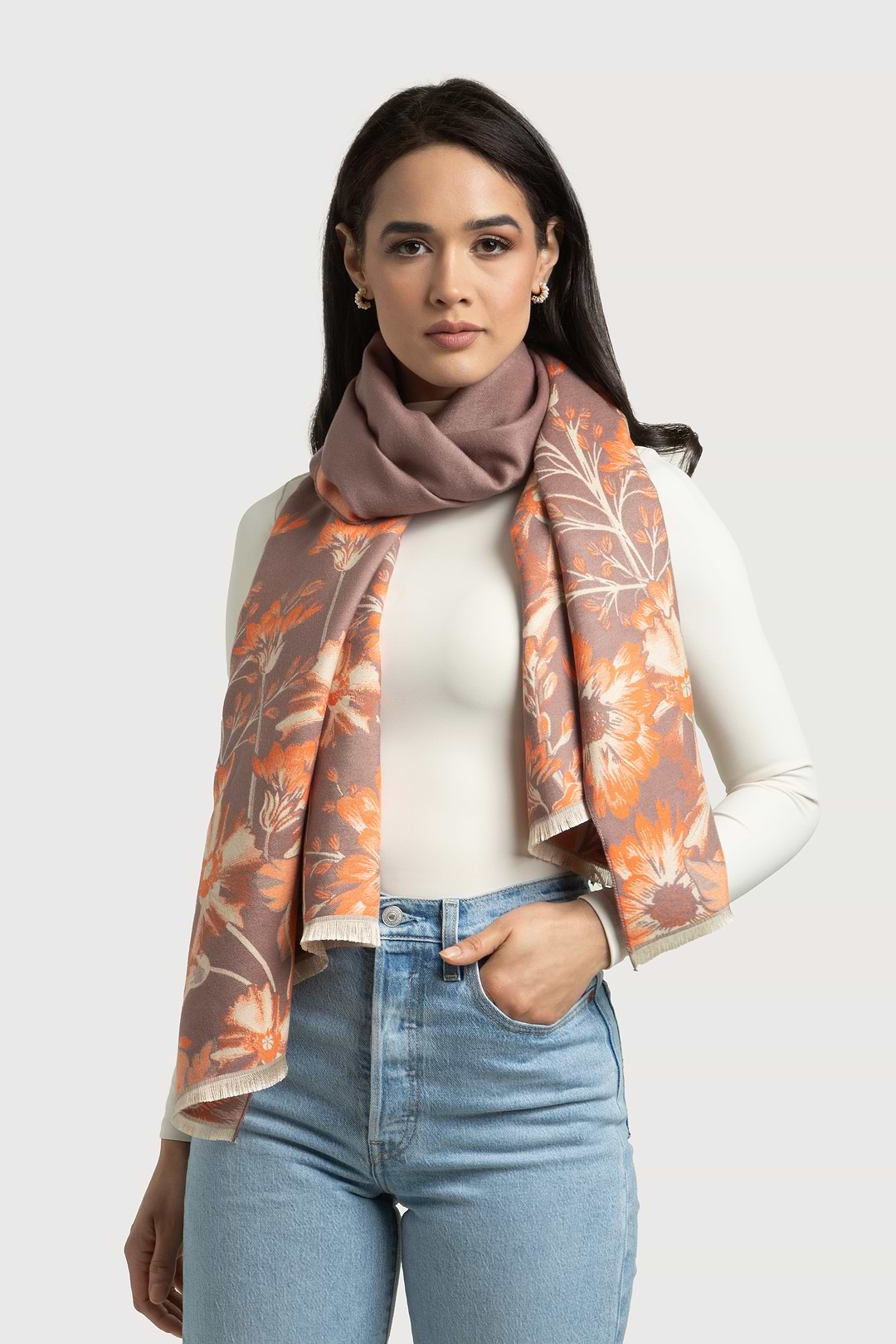 Reversible Floral Oversized Scarf - Orange
