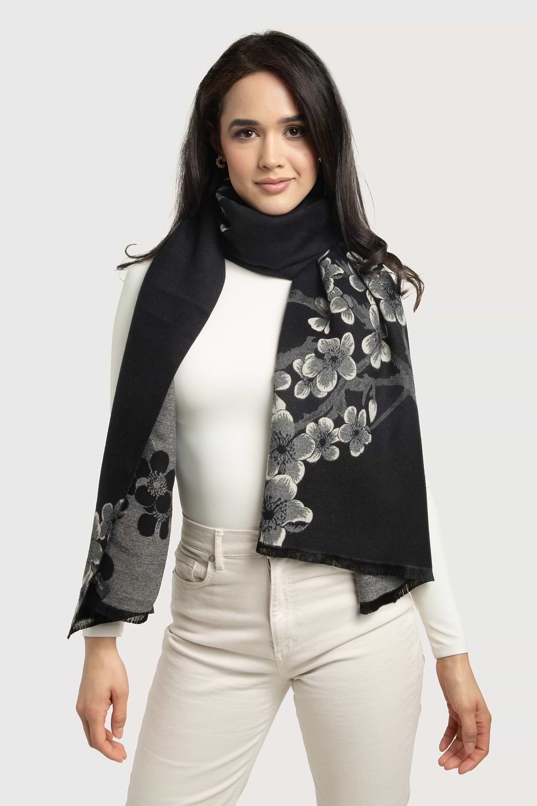 Two Color Floral Reversible Scarf - Black
