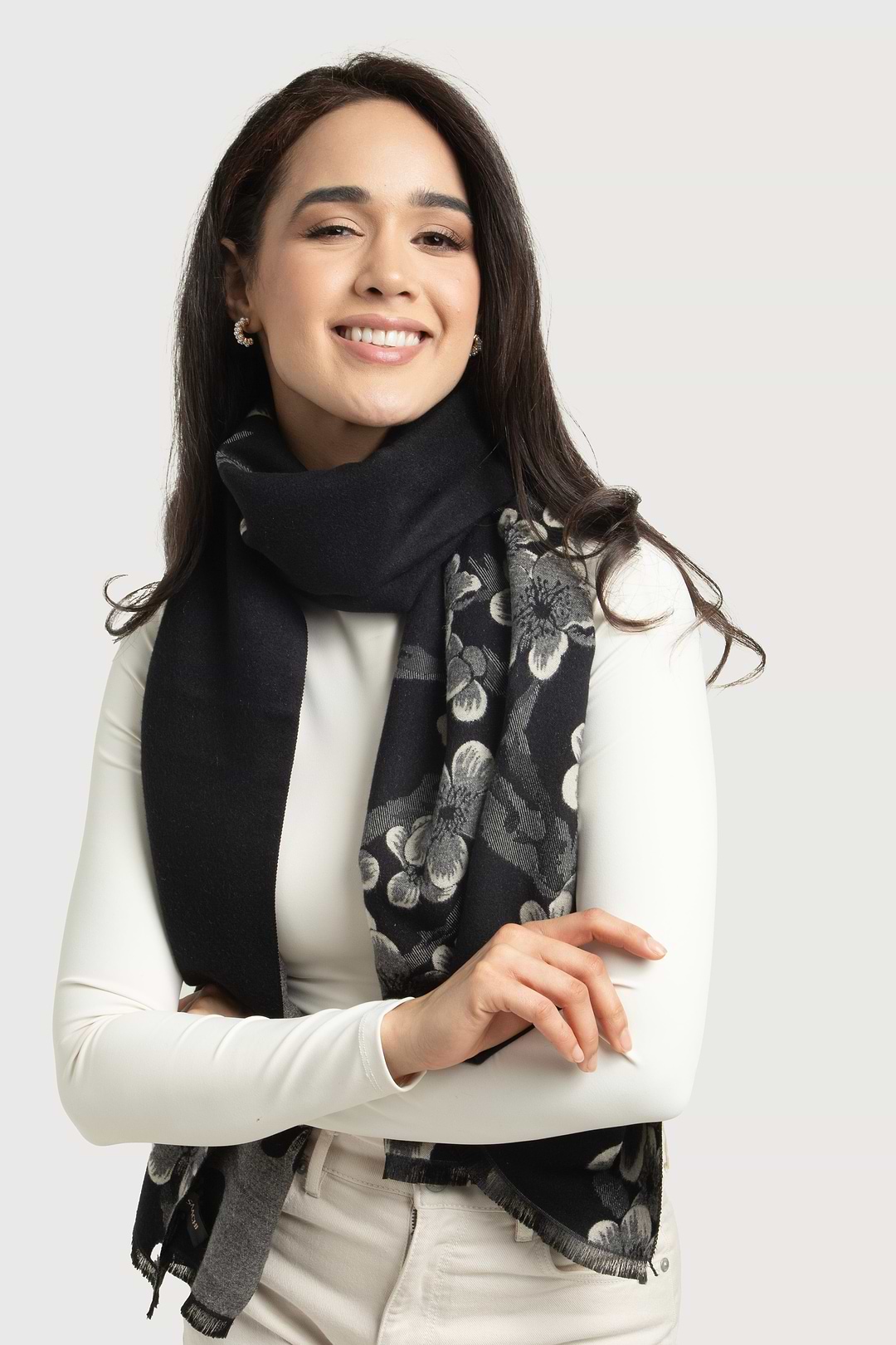 Two Color Floral Reversible Scarf - Black