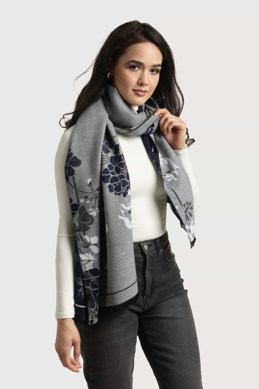Two Color Floral Reversible Scarf - Navy